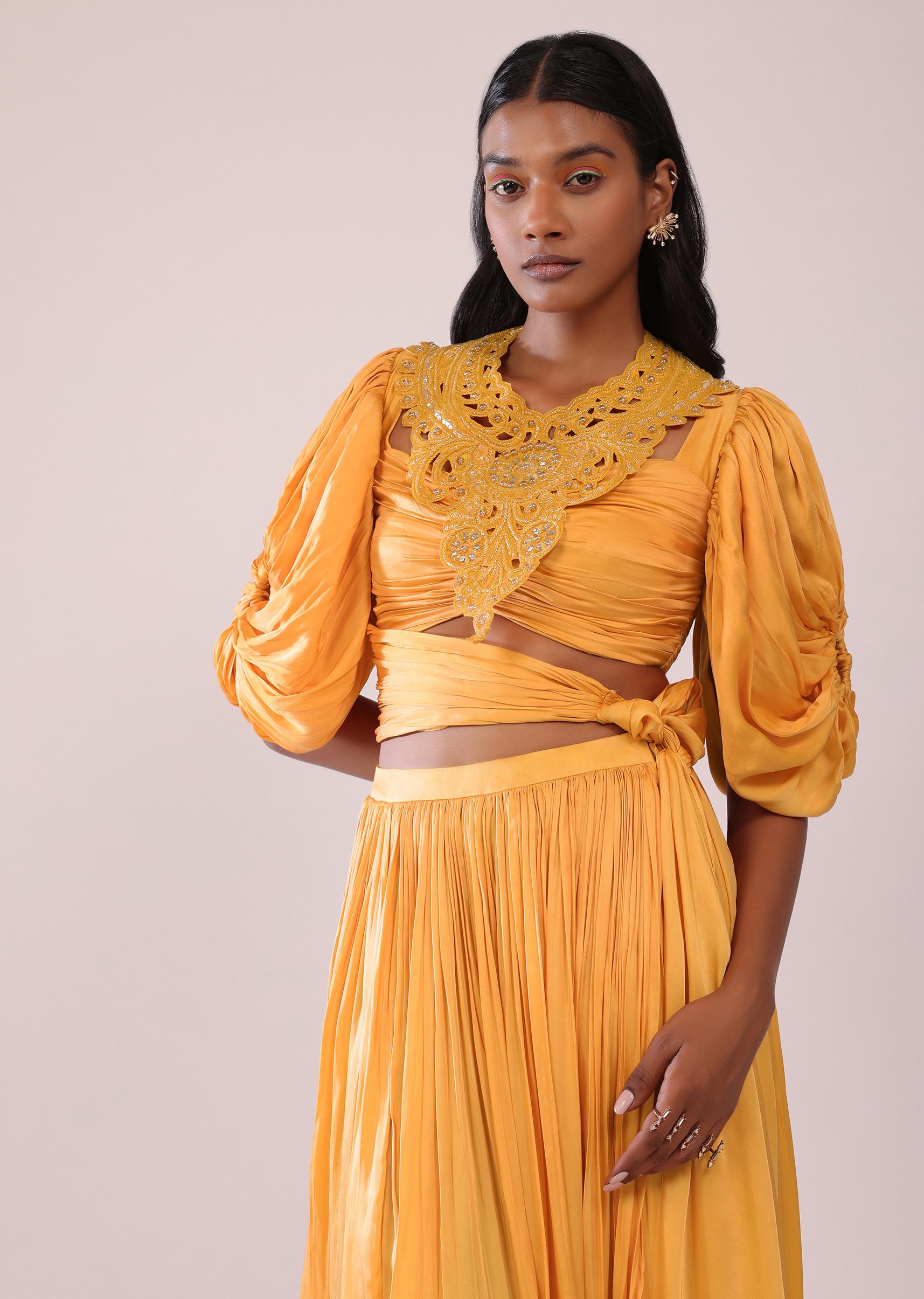 Kalki Fashion,SG148237,Orange Indo-Western Skirt And Blouse With Balloon Sleeves