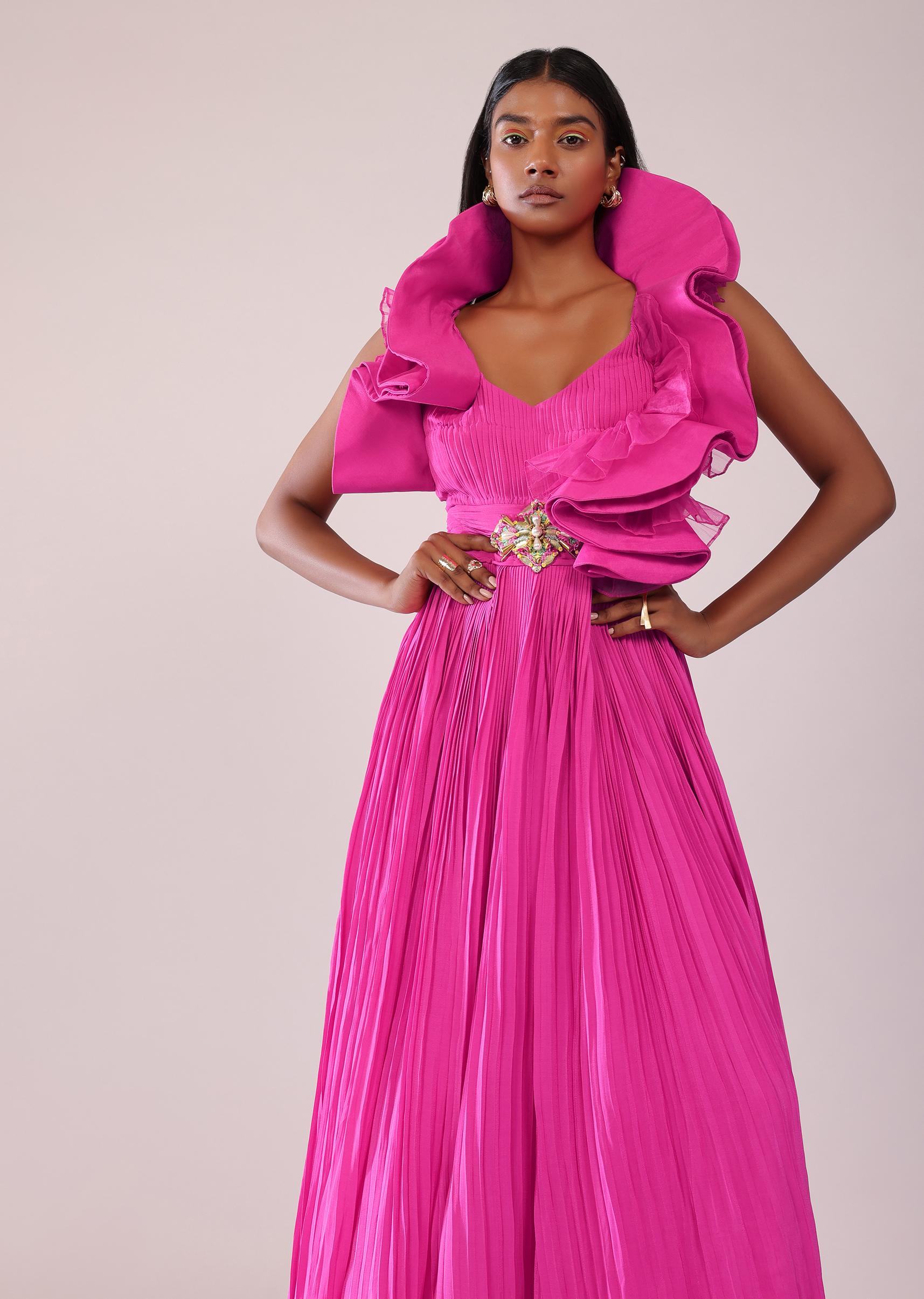 Kalki Fashion,SG149479,Rani Pink Indo-Western Crepe Gown With Patchwork On The Neckline