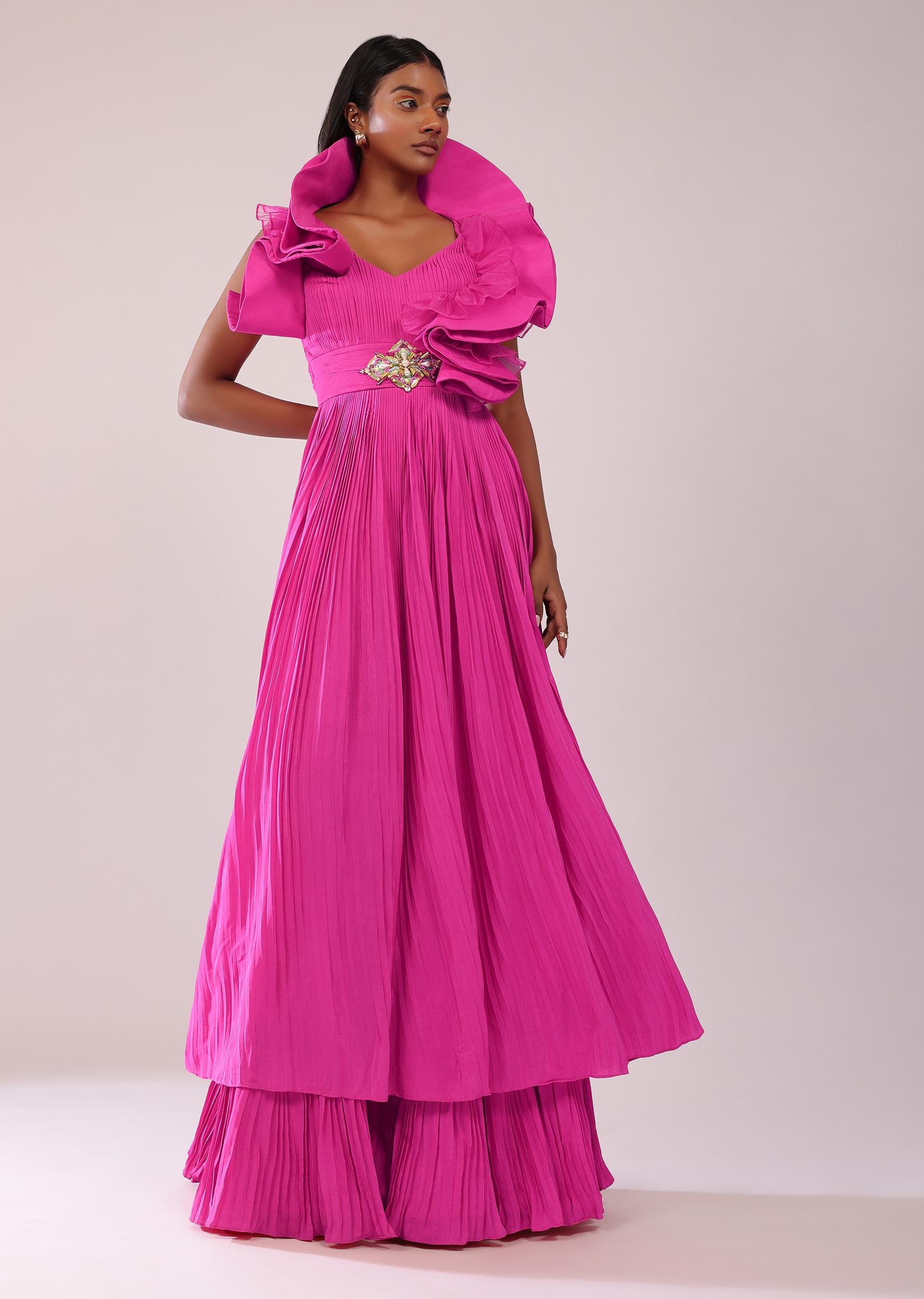 Kalki Fashion,SG149479,Rani Pink Indo-Western Crepe Gown With Patchwork On The Neckline