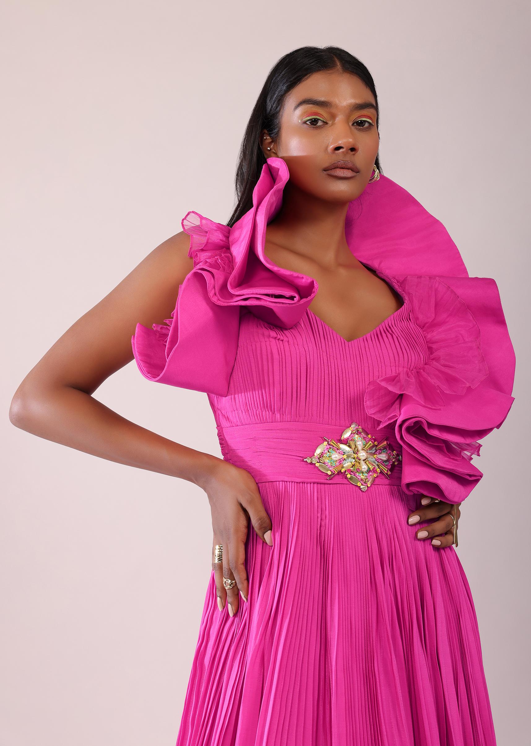 Kalki Fashion,SG149479,Rani Pink Indo-Western Crepe Gown With Patchwork On The Neckline