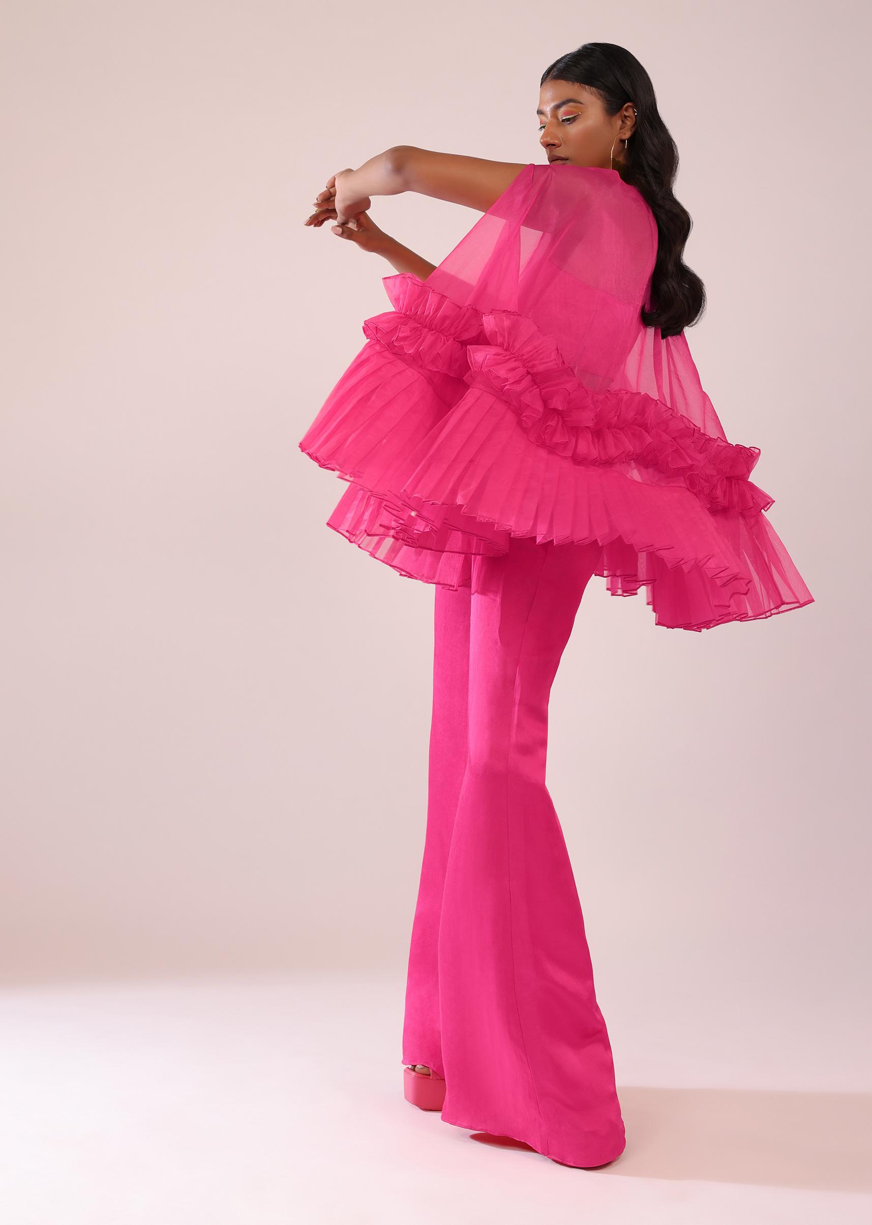 Kalki Fashion,SG149473,Rani Pink Indo-Western Frill Jacket & Pant Set With Bustier In Satin