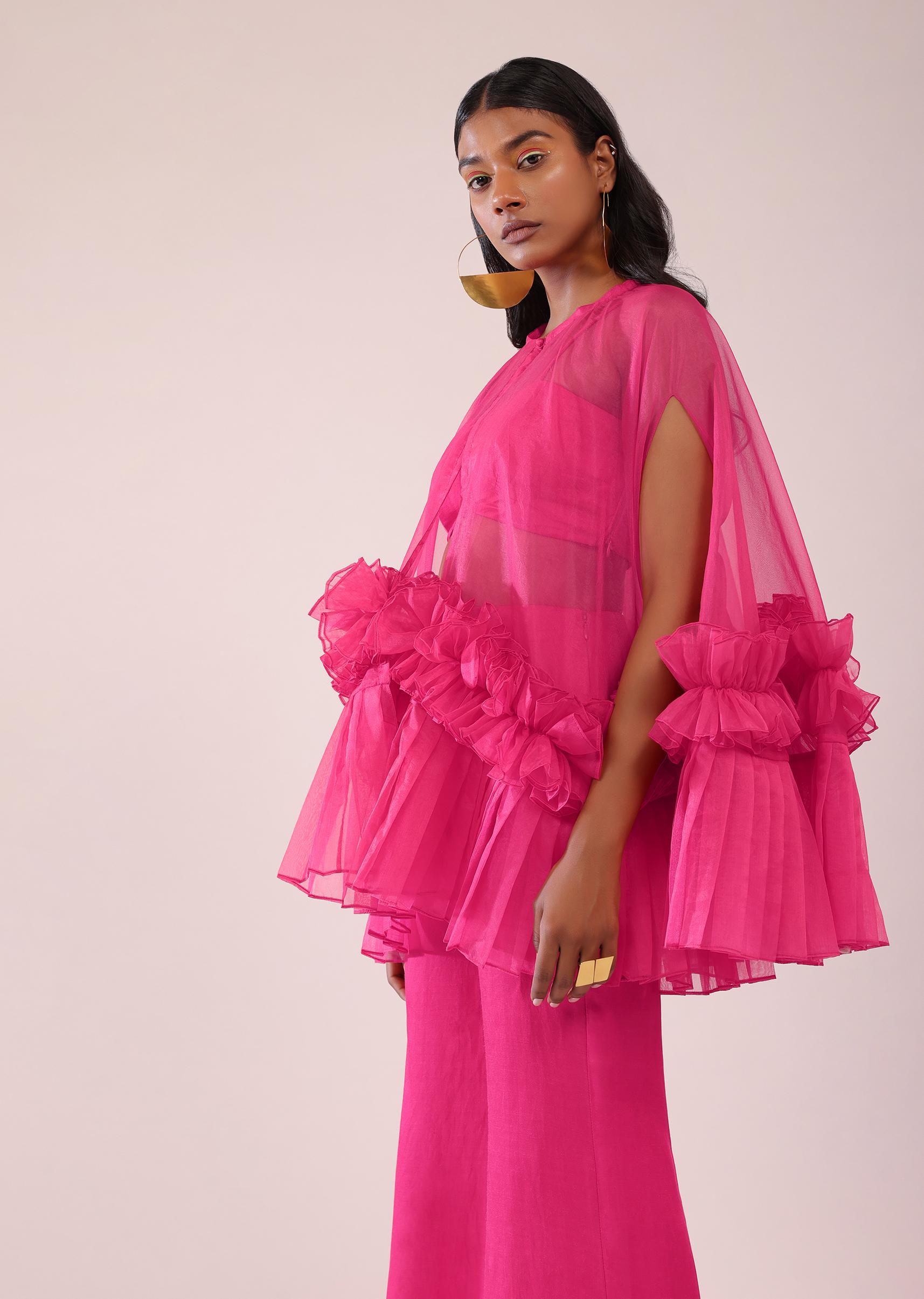 Kalki Fashion,SG149473,Rani Pink Indo-Western Frill Jacket & Pant Set With Bustier In Satin
