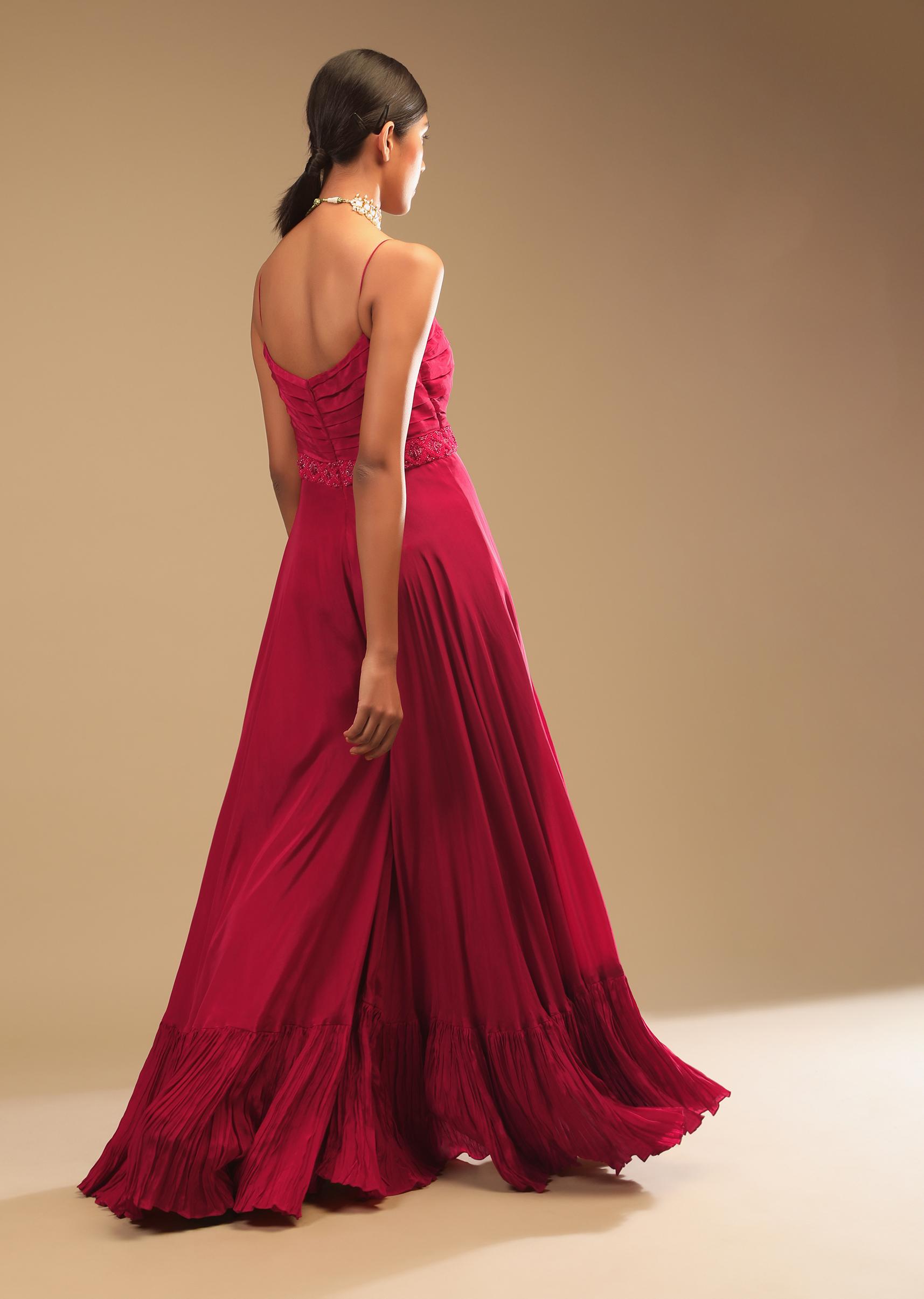 Kalki Fashion,M001RA531Y-SG74143,Rani Pink Jumpsuit In Crepe With Tiered Flare, Pleated Bodice And 3D Embroidered Belt And Pocket Detail