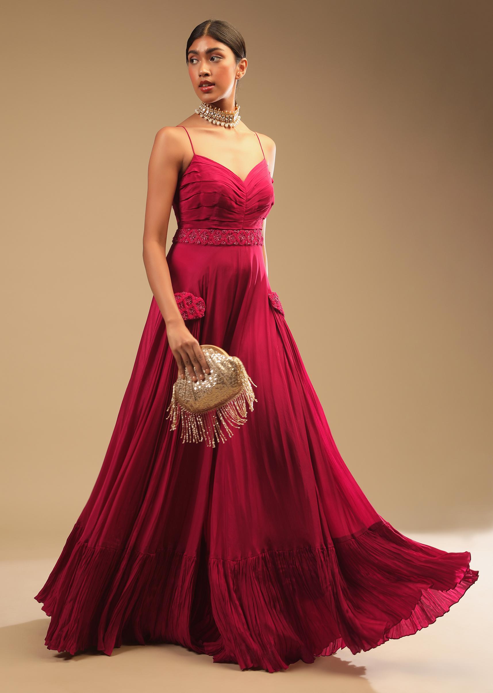 Kalki Fashion,M001RA531Y-SG74143,Rani Pink Jumpsuit In Crepe With Tiered Flare, Pleated Bodice And 3D Embroidered Belt And Pocket Detail