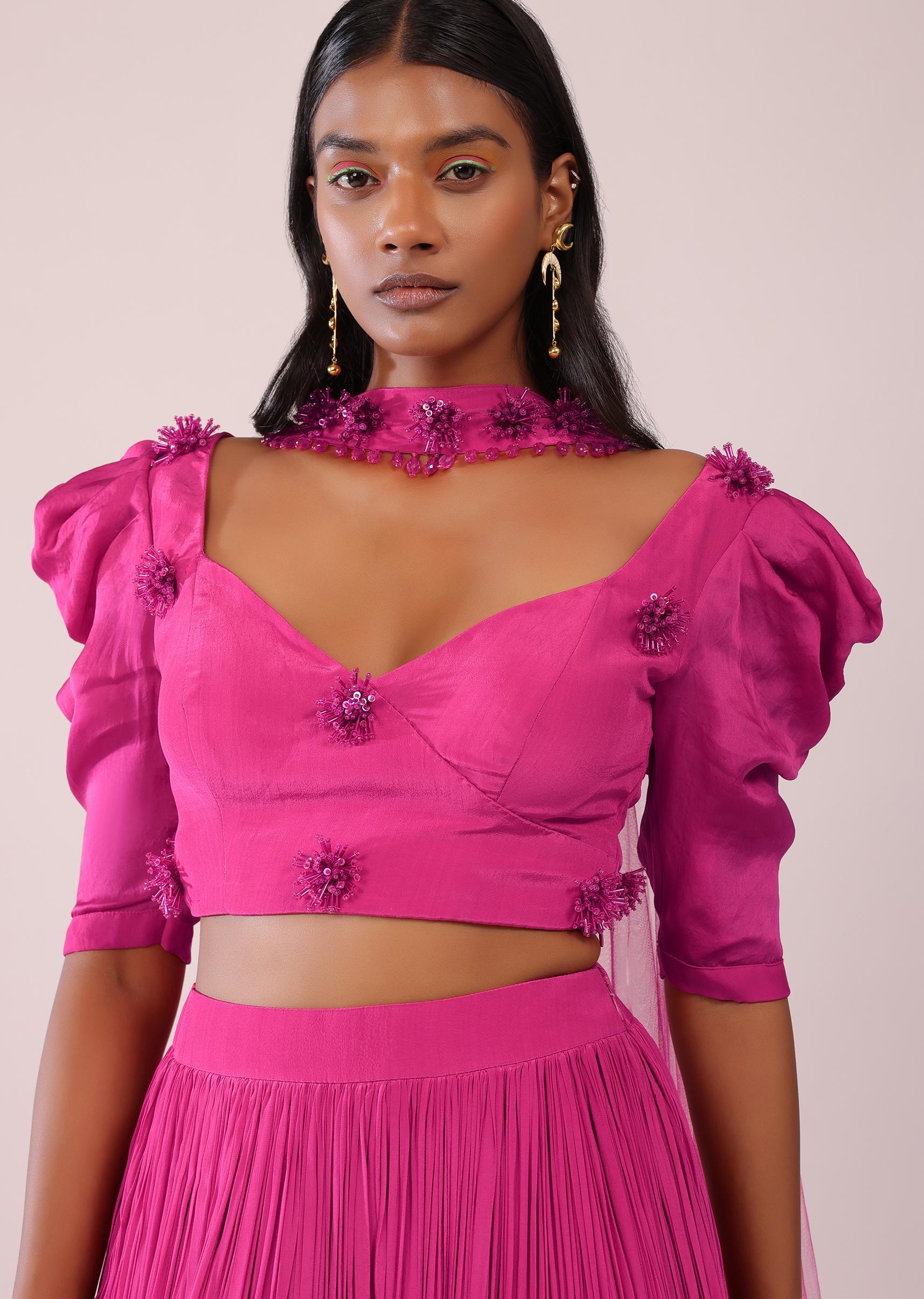 Kalki Fashion,SG149486,Rani Pink Lehenga And Blouse Set In Crepe With Patch Work