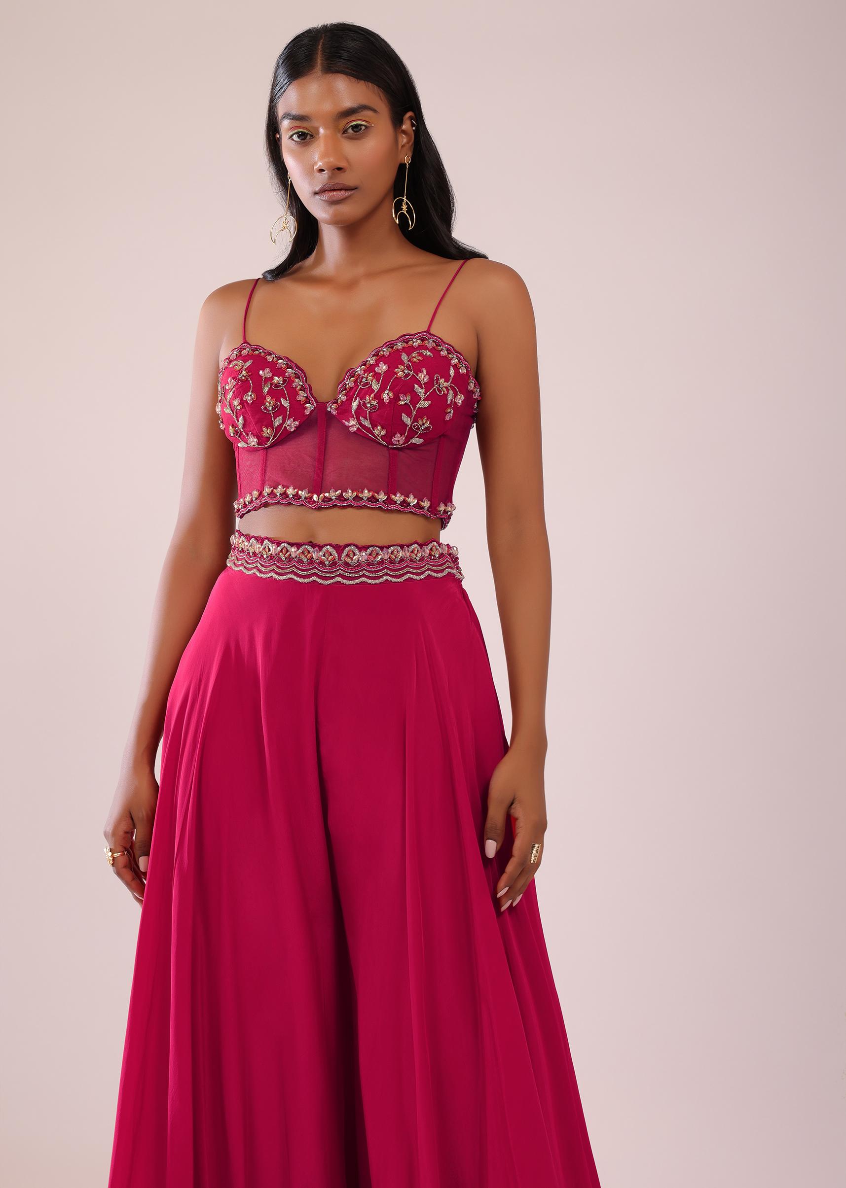 Kalki Fashion,SG147530,Rani Pink Palazzo And Jacket Set In Organza With Corset Blouse