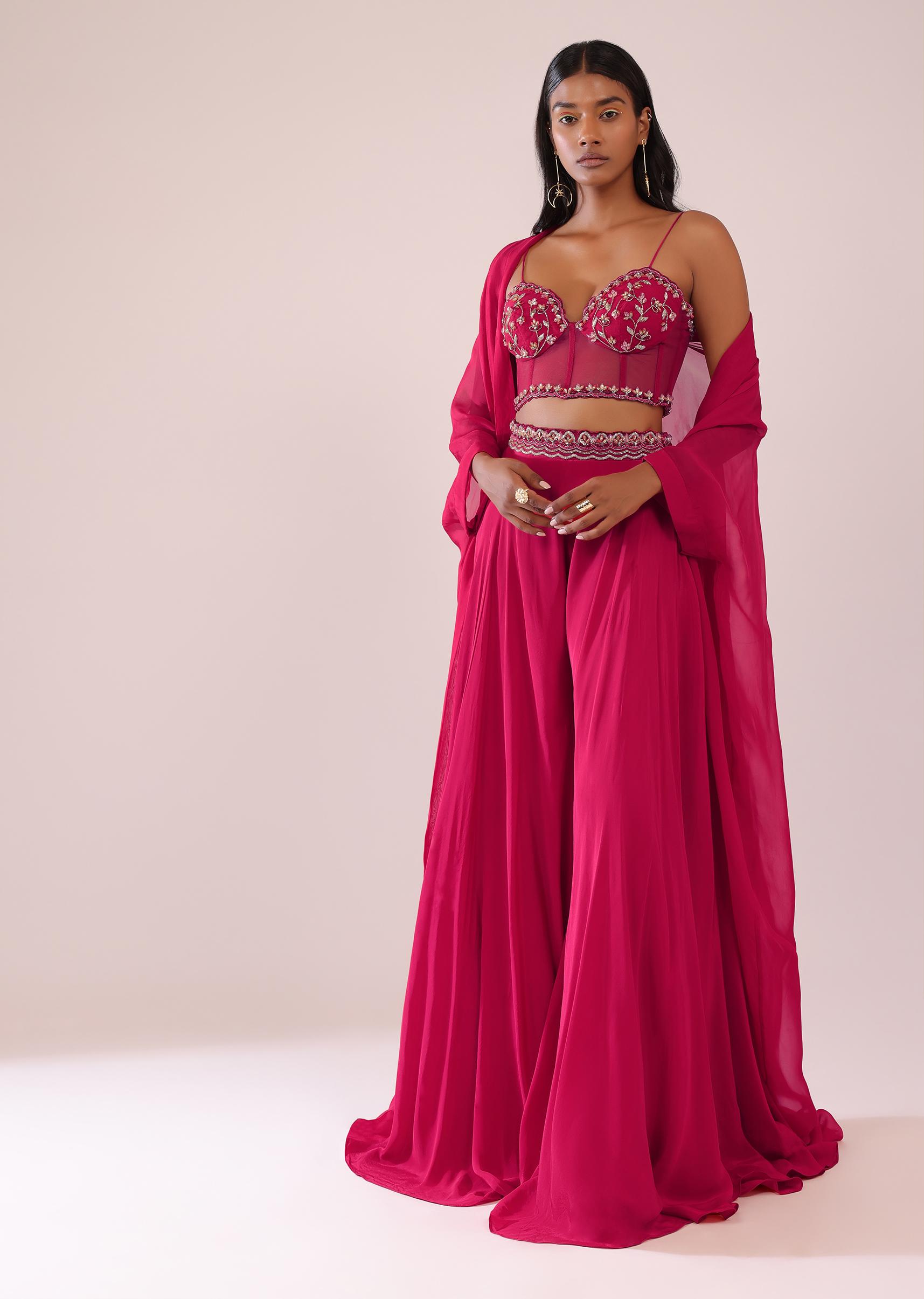 Kalki Fashion,SG147530,Rani Pink Palazzo And Jacket Set In Organza With Corset Blouse