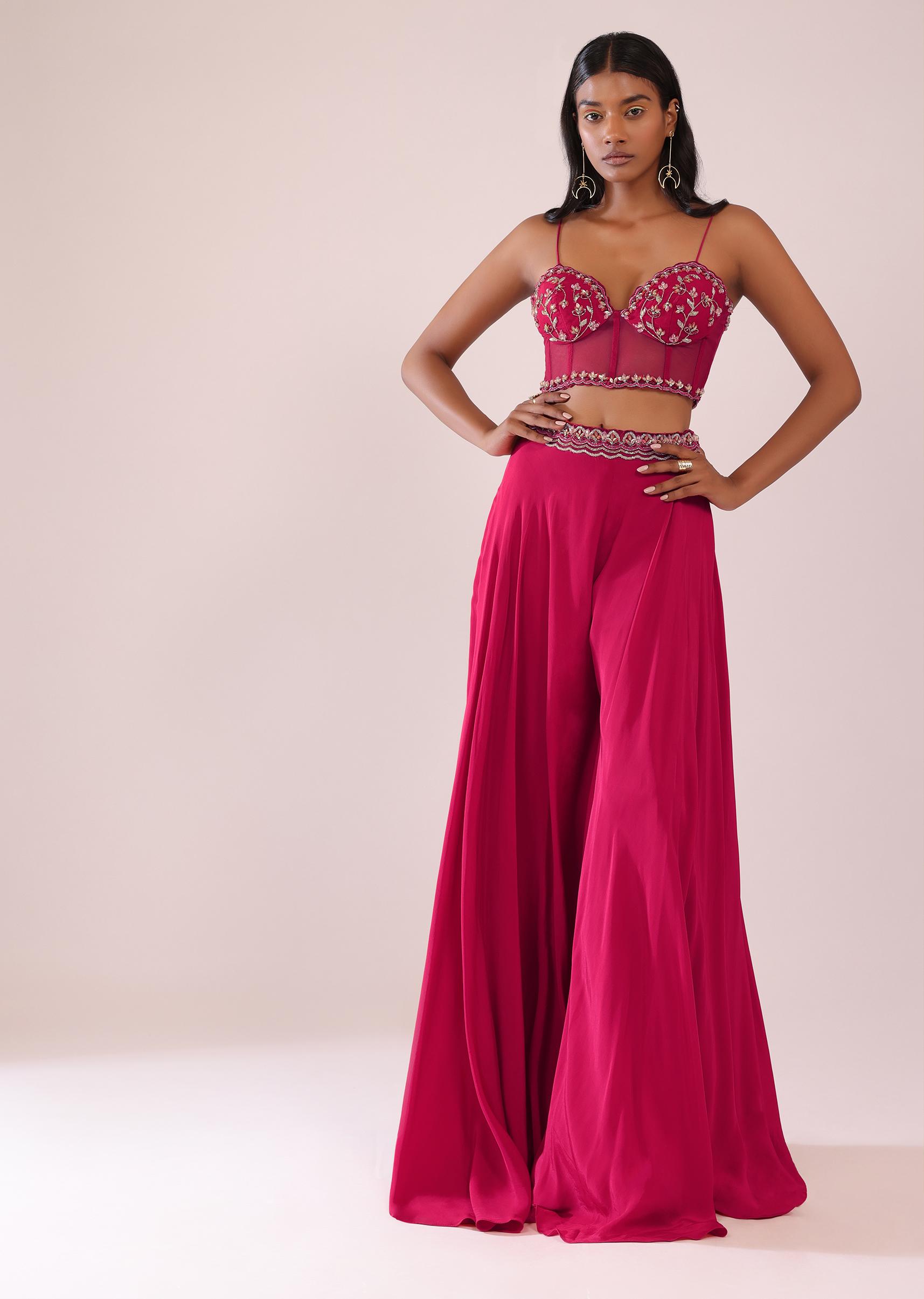 Kalki Fashion,SG147530,Rani Pink Palazzo And Jacket Set In Organza With Corset Blouse