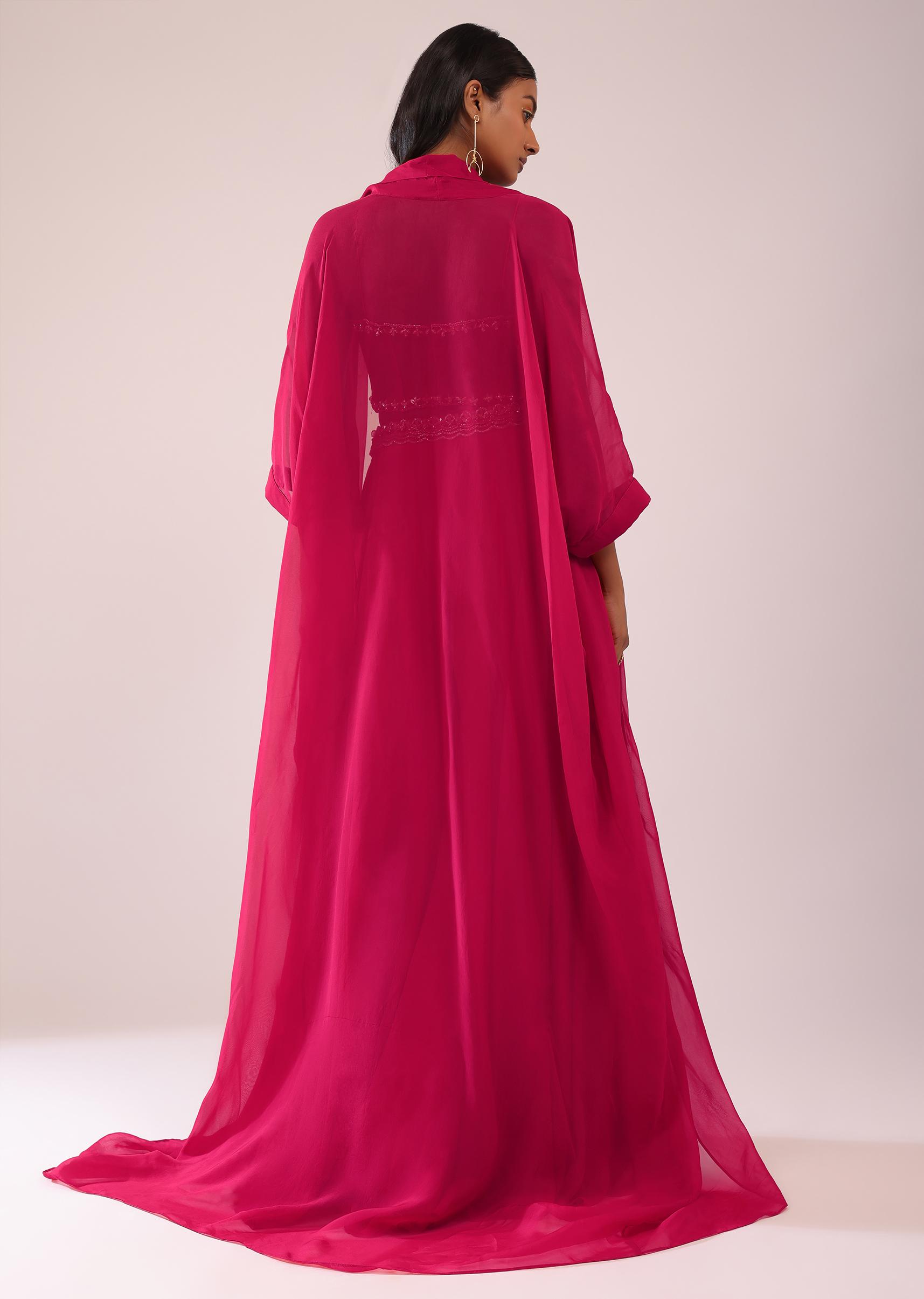 Kalki Fashion,SG147530,Rani Pink Palazzo And Jacket Set In Organza With Corset Blouse