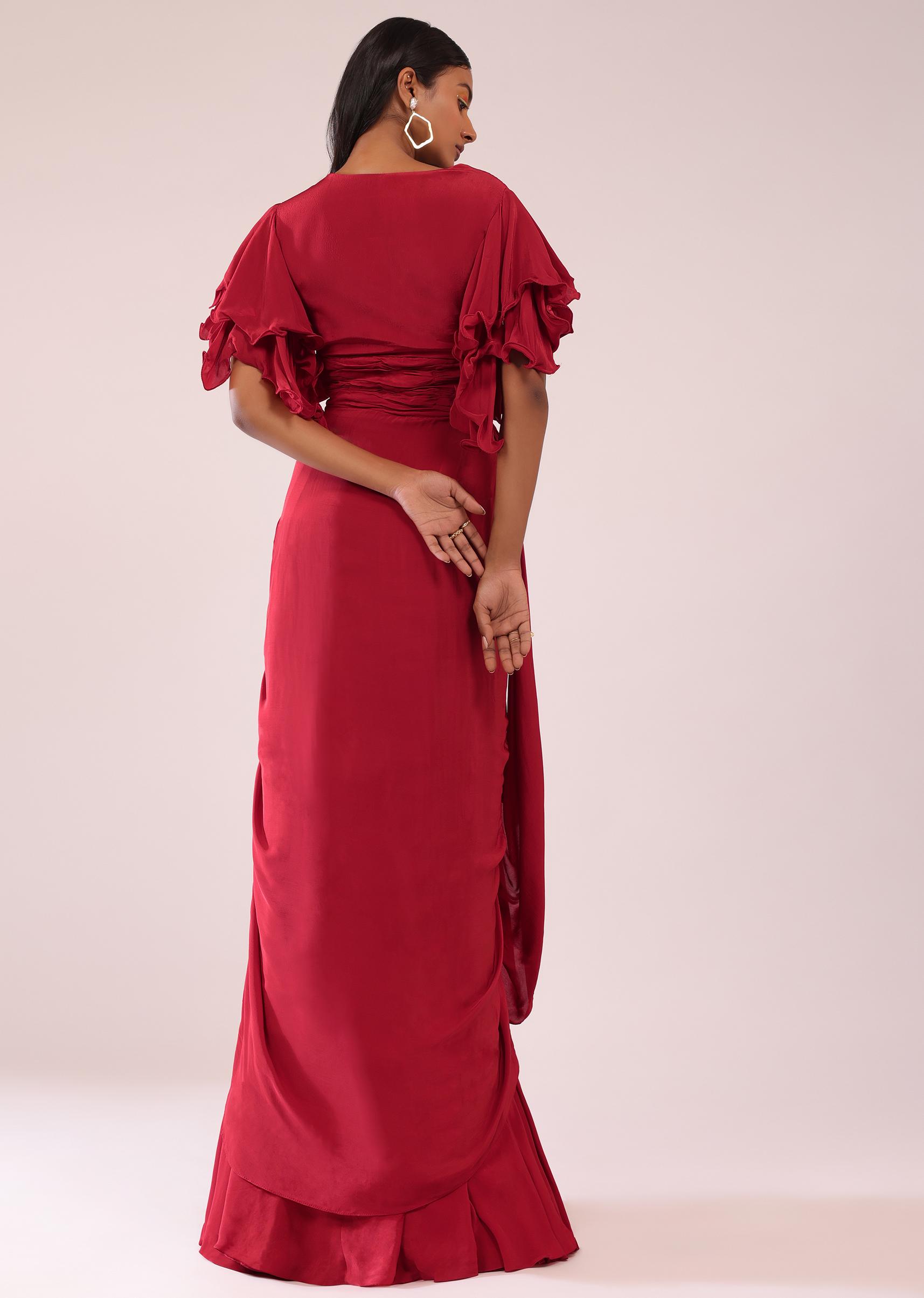 Kalki Fashion,SG148257,Red Indo-Western Drape Saree Gown In Crepe With Patch Work