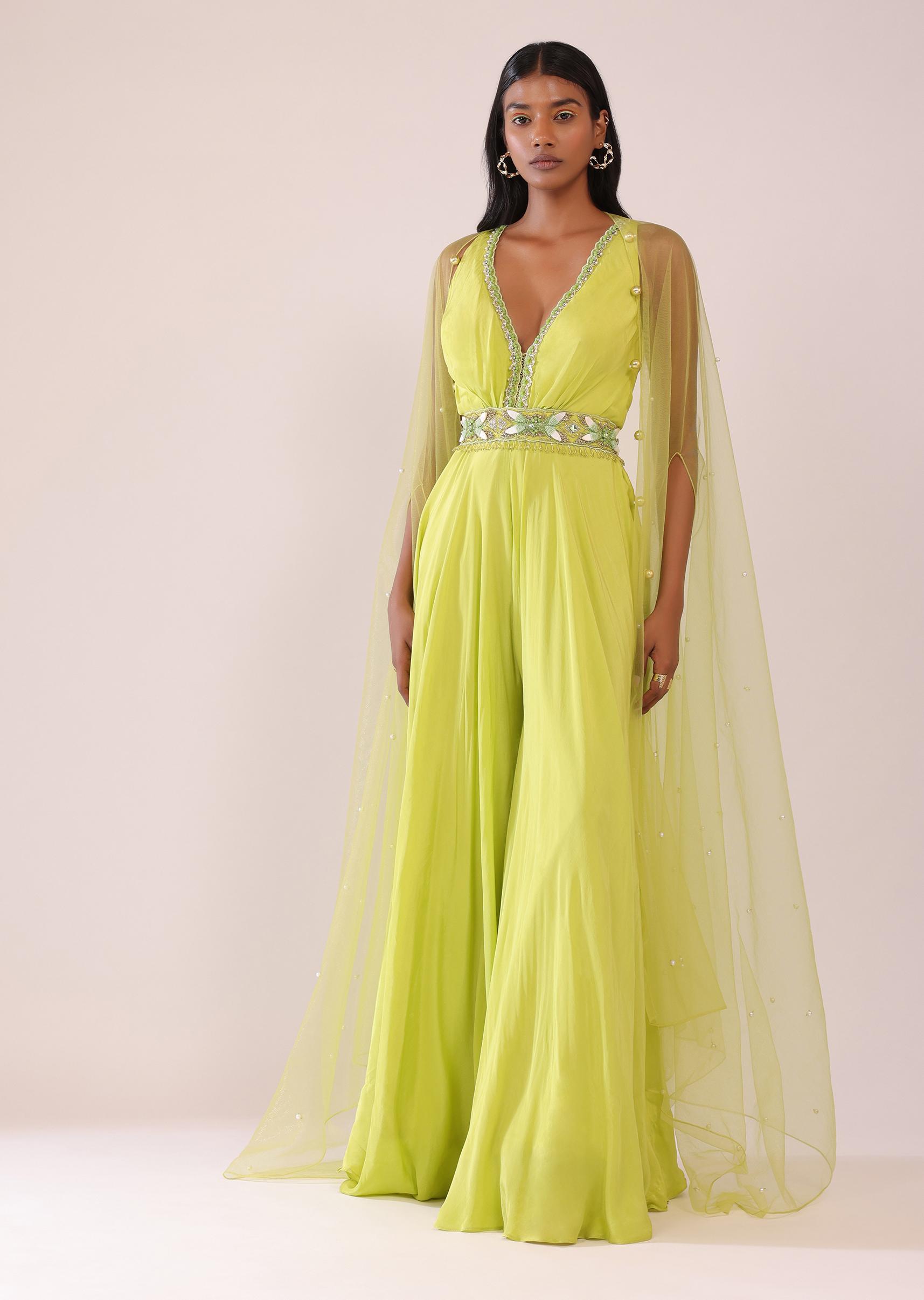 Kalki Fashion,SG147544,Sheen Green Indo-Western Jumpsuit In Crepe With Cutdana, Moti, And Stone Patti