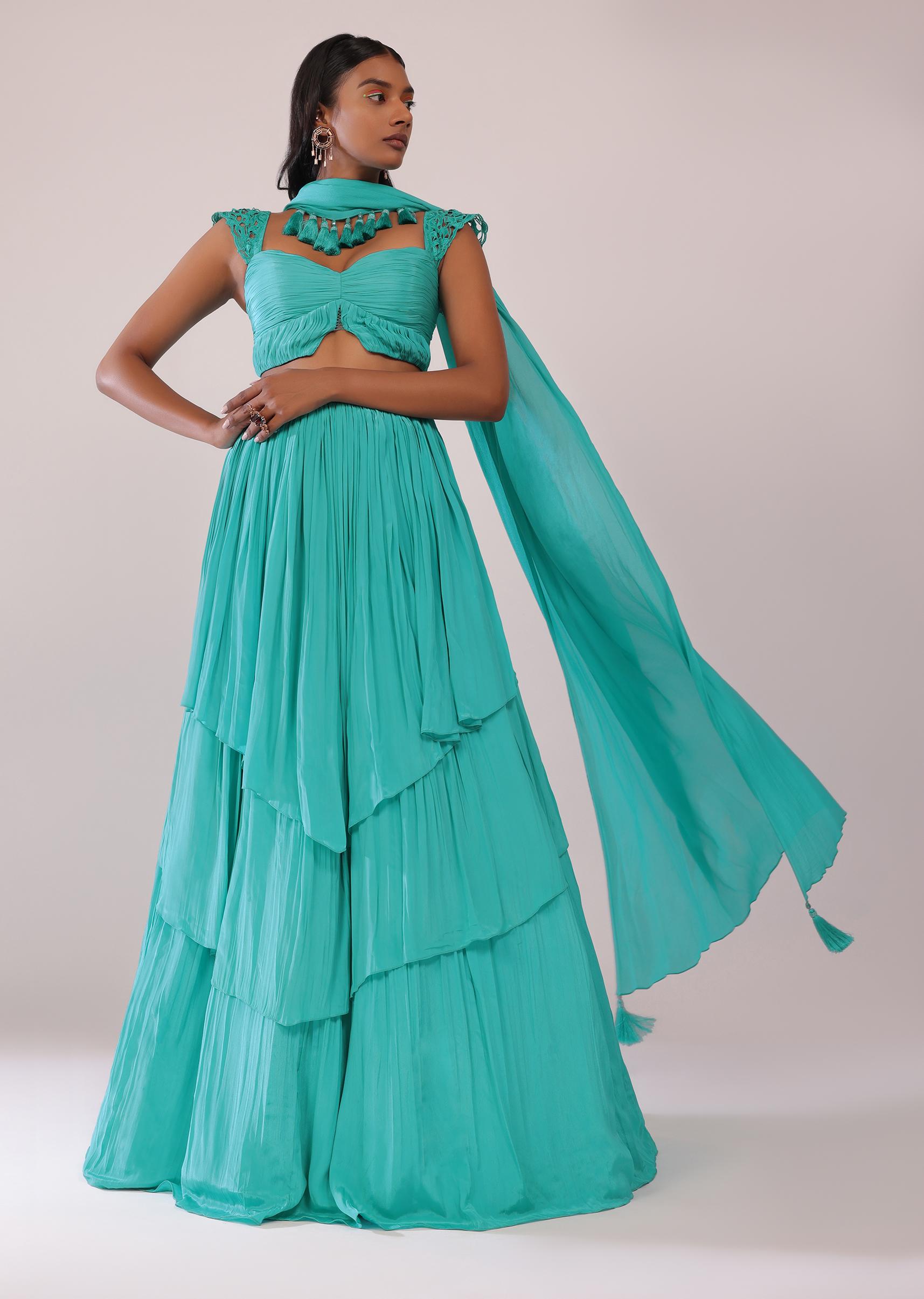 Kalki Fashion,SG149468,Teal Blue Lehenga And Blouse Set With Embellished Dupatta In Crepe