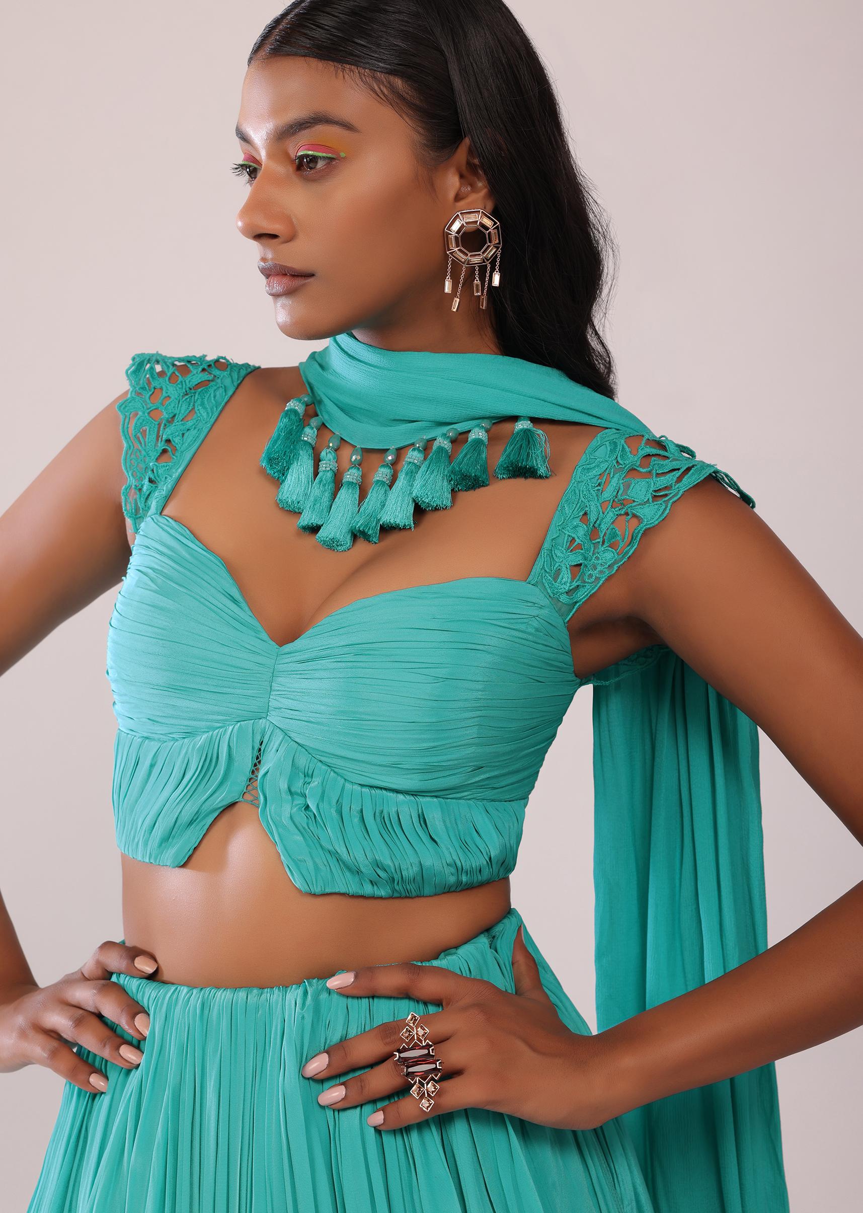 Kalki Fashion,SG149468,Teal Blue Lehenga And Blouse Set With Embellished Dupatta In Crepe