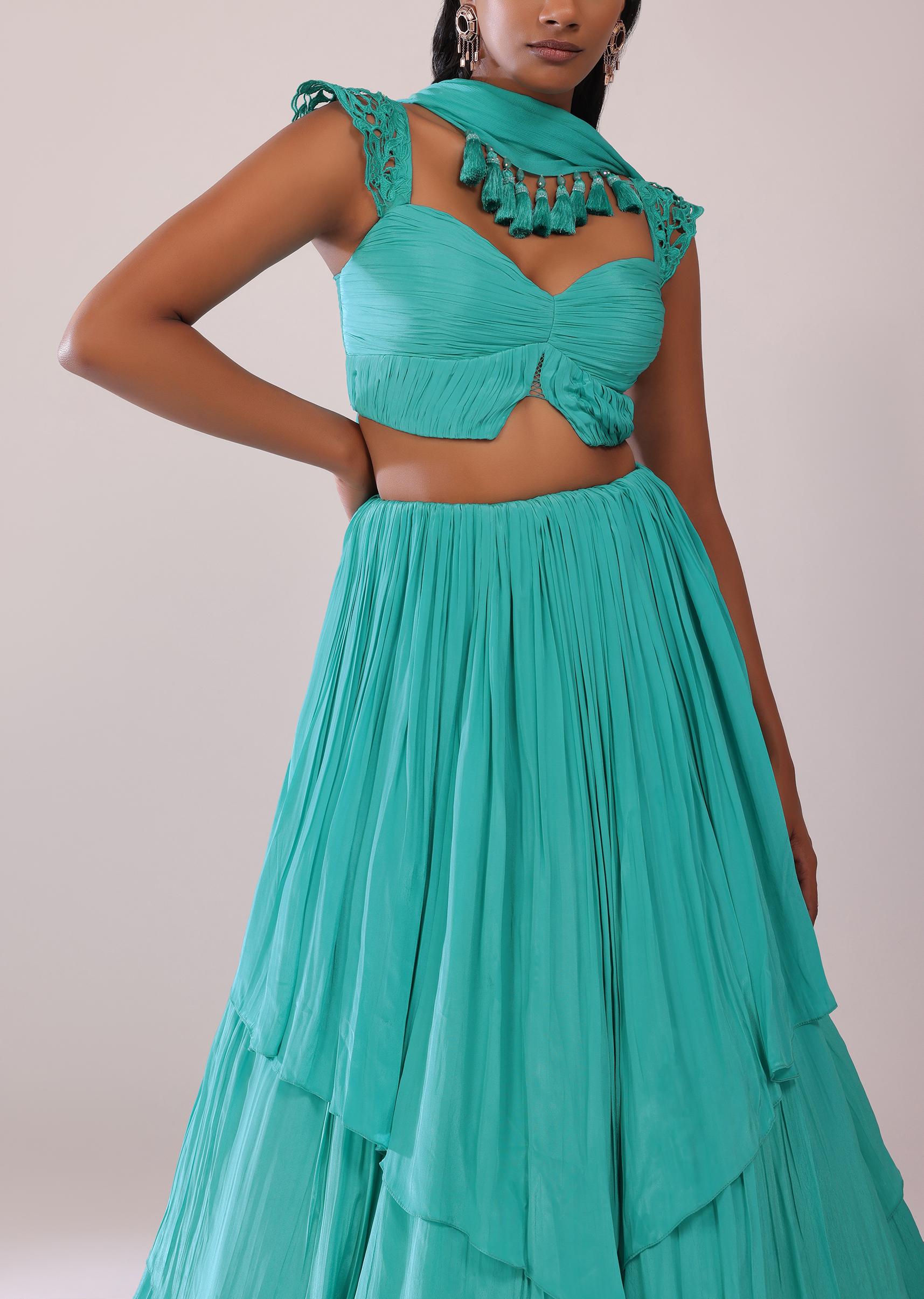 Kalki Fashion,SG149468,Teal Blue Lehenga And Blouse Set With Embellished Dupatta In Crepe