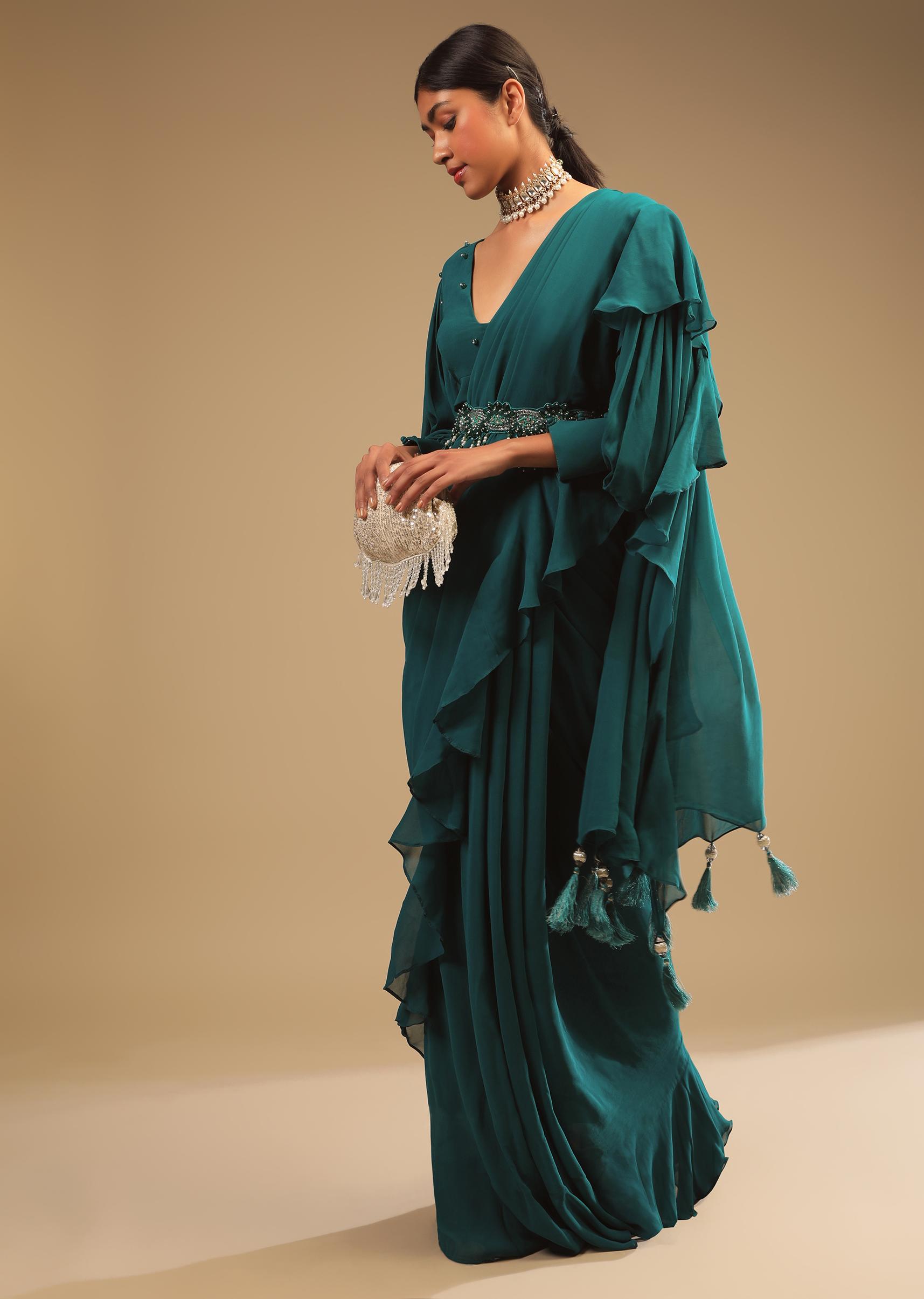 Kalki Fashion,M001AT384Y-SG67110,Teal Blue Saree In Georgette With Ruffle Frill And A Chunky Embroidered Belt