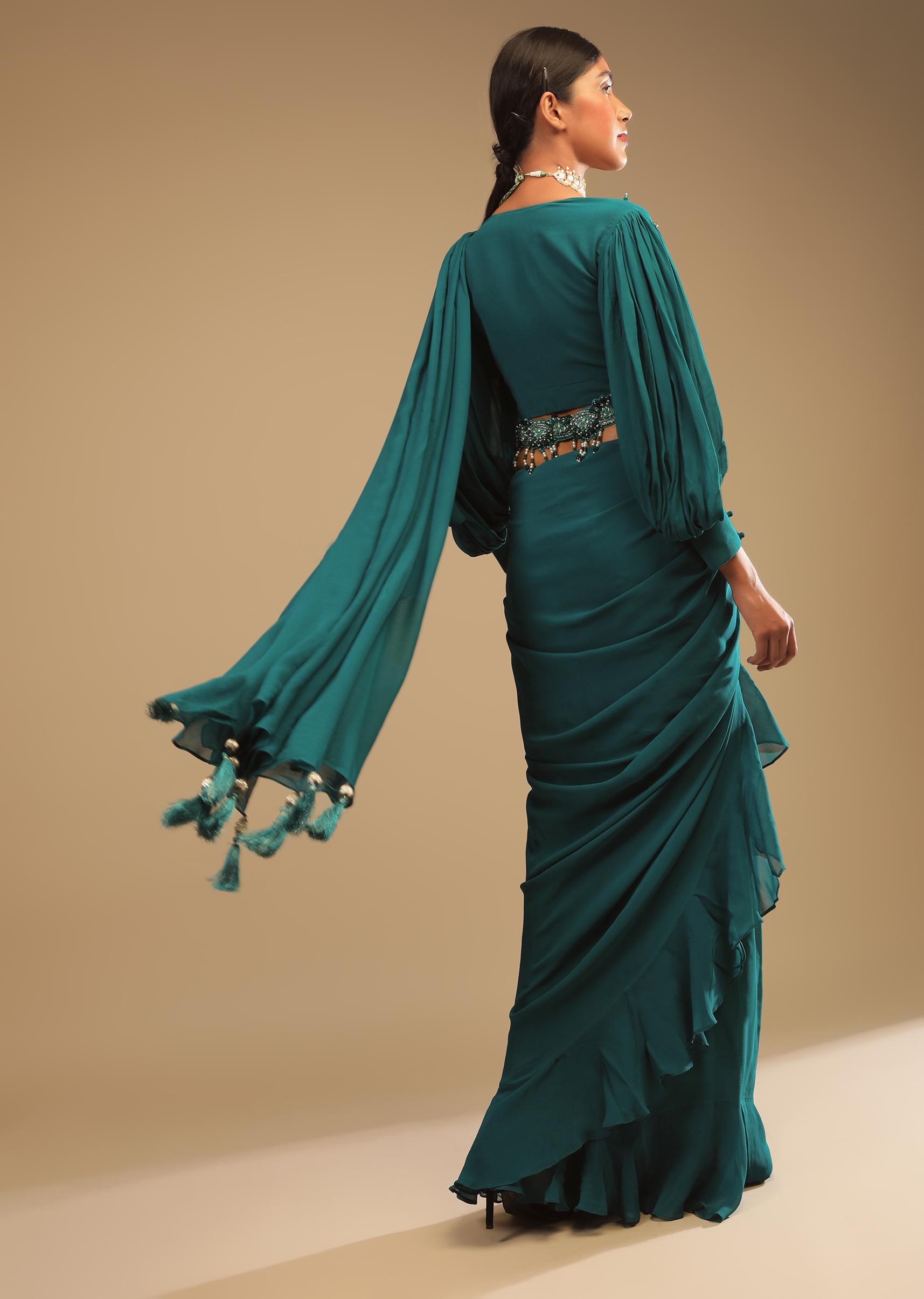 Kalki Fashion,M001AT384Y-SG67110,Teal Blue Saree In Georgette With Ruffle Frill And A Chunky Embroidered Belt