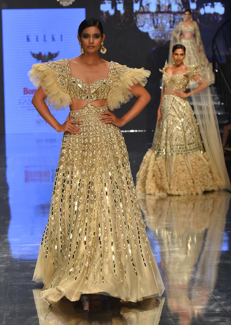 Champagne Gold Angelic Gown In Net With Ruffle Sleeves And Mirror Work - Noor 2022