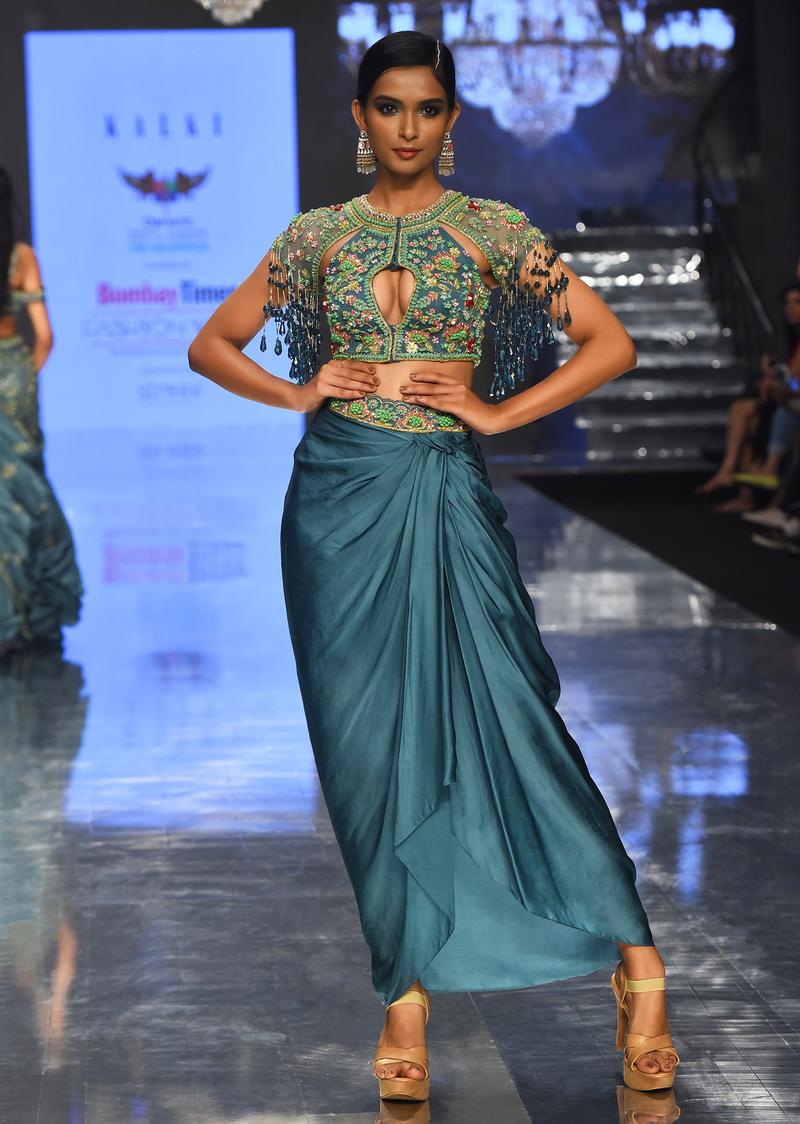 Sea Green Dhoti Crop Top Set In Satin Organza With Embroidery - Noor 2022
