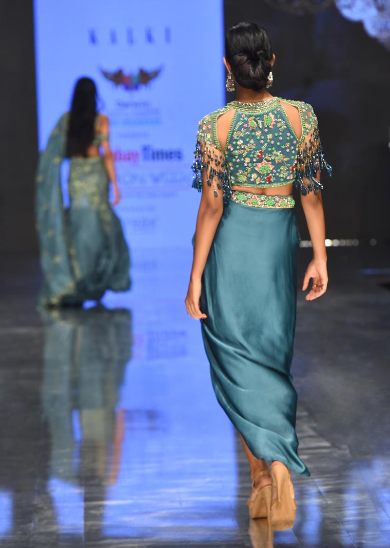 Sea Green Dhoti Crop Top Set In Satin Organza With Embroidery - Noor 2022