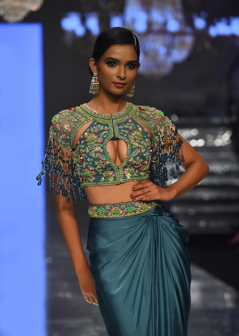 Sea Green Dhoti Crop Top Set In Satin Organza With Embroidery - Noor 2022