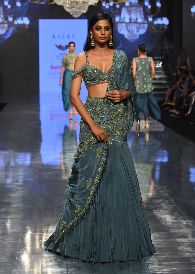 Mint Blue Lehenga Set In Pure Crepe Embroidered With Attached Dupatta - Noor 2022