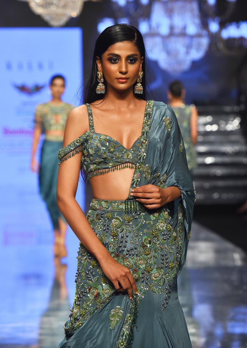 Mint Blue Lehenga Set In Pure Crepe Embroidered With Attached Dupatta - Noor 2022