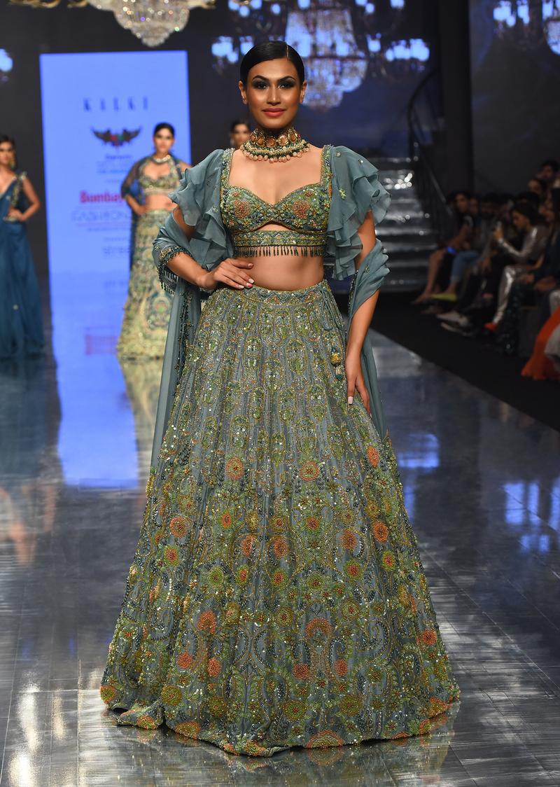 Pista Green Lehenga Set With Net Ruffle Shrug - Noor 2022