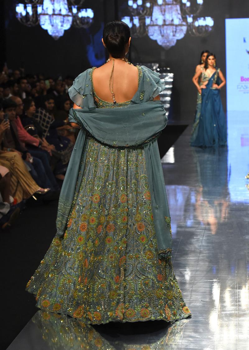 Pista Green Lehenga Set With Net Ruffle Shrug - Noor 2022