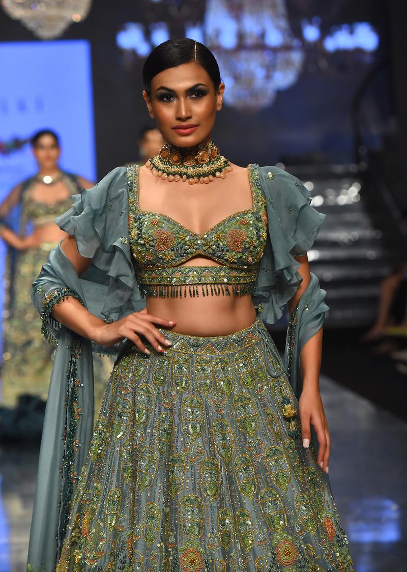 Pista Green Lehenga Set With Net Ruffle Shrug - Noor 2022