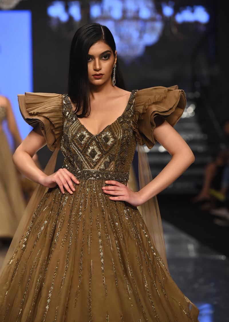 Coffee Brown Froufrou Organza Gown In With Frill Cap Sleeves - Noor 2022