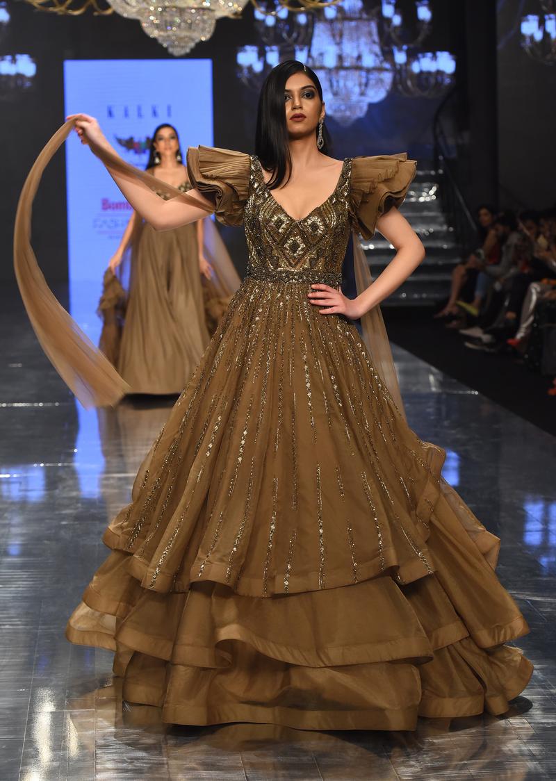 Coffee Brown Froufrou Organza Gown In With Frill Cap Sleeves - Noor 2022