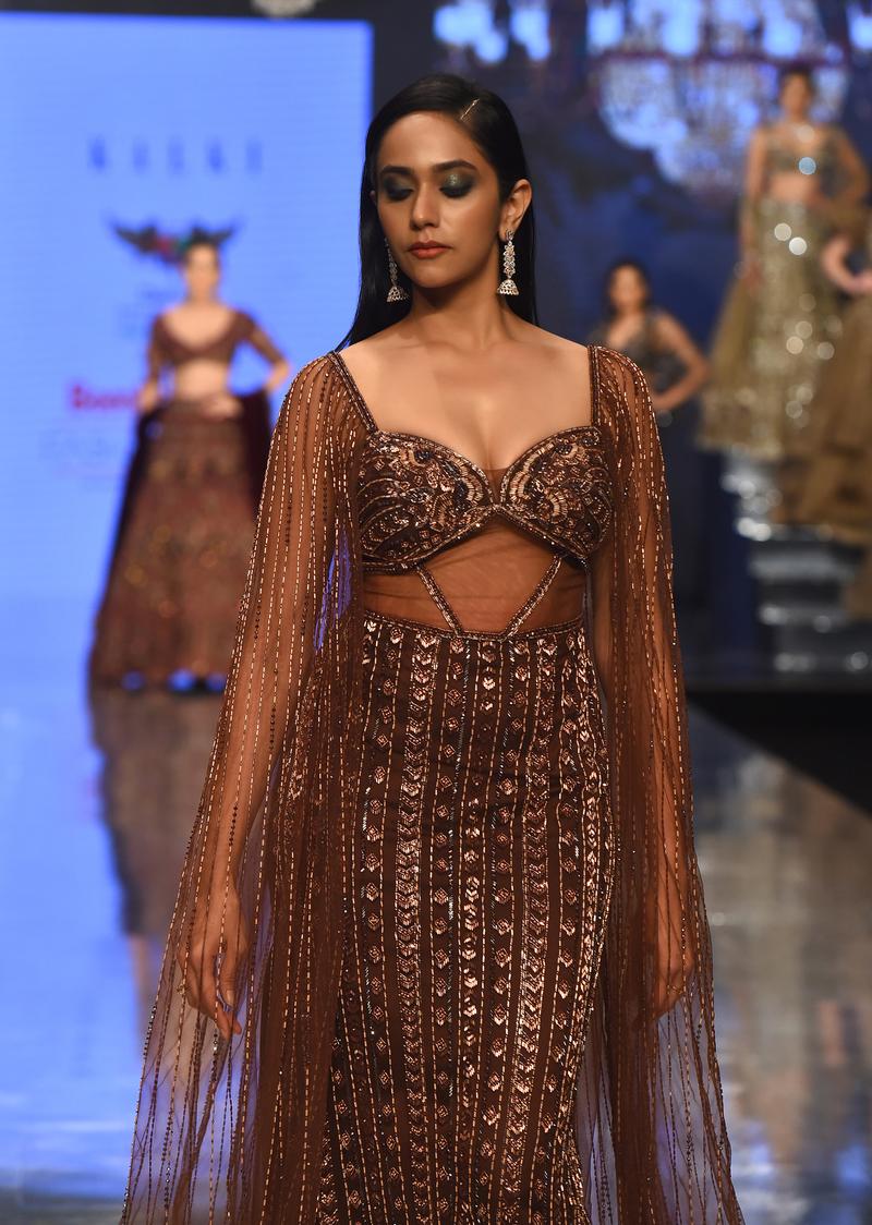 Chocolate Brown Gown In Net With Dreamy Cape Sleeves - Noor 2022