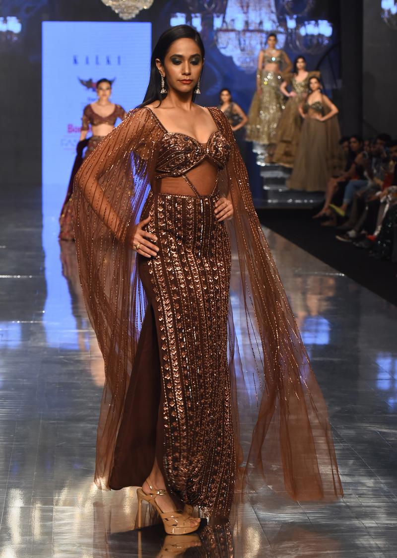Chocolate Brown Gown In Net With Dreamy Cape Sleeves - Noor 2022