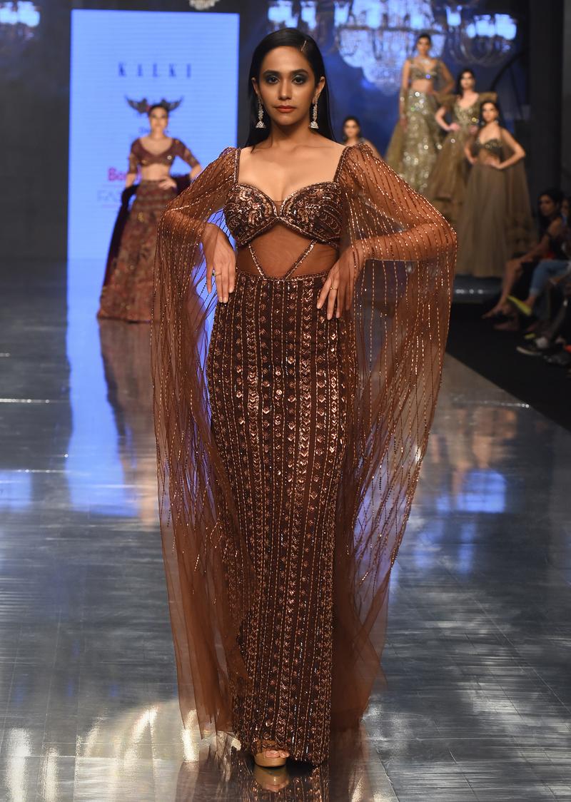 Chocolate Brown Gown In Net With Dreamy Cape Sleeves - Noor 2022