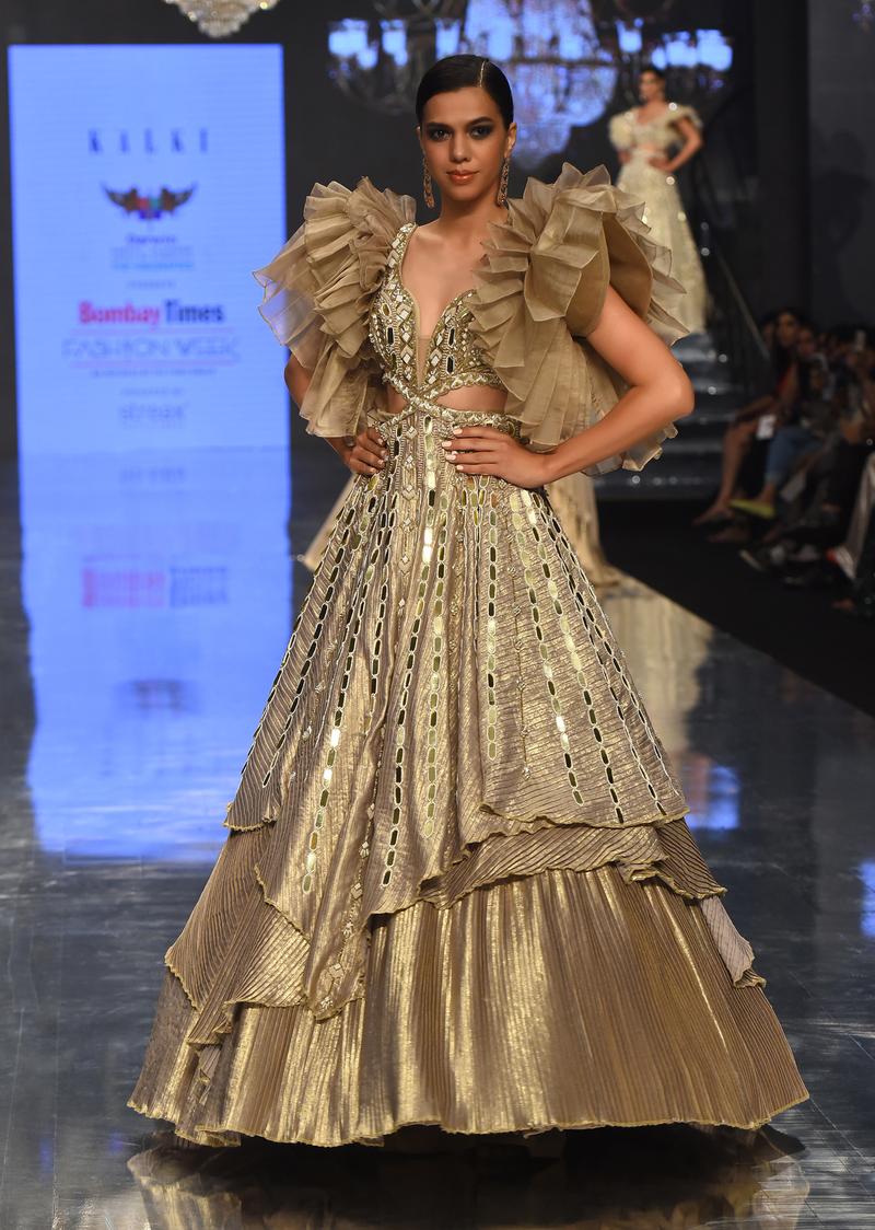 Gold Toned Kalki Gown With Ruffle Sleeves And Embroidery - Noor 2022