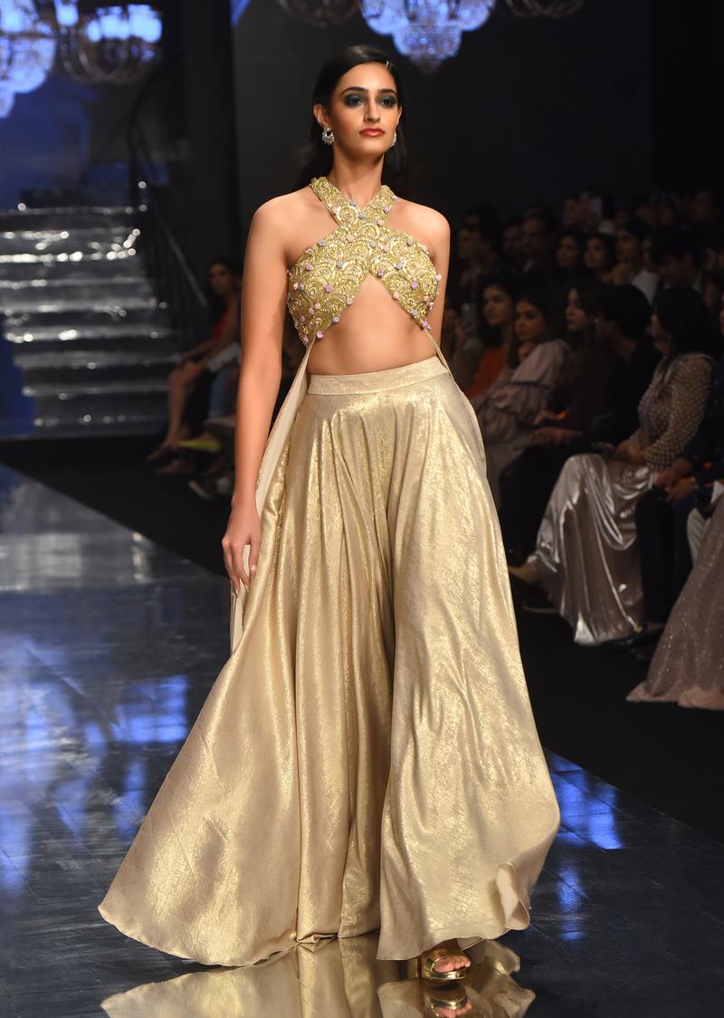 Gold Toned Palazzo Top In With Attached Cape - Noor 2022