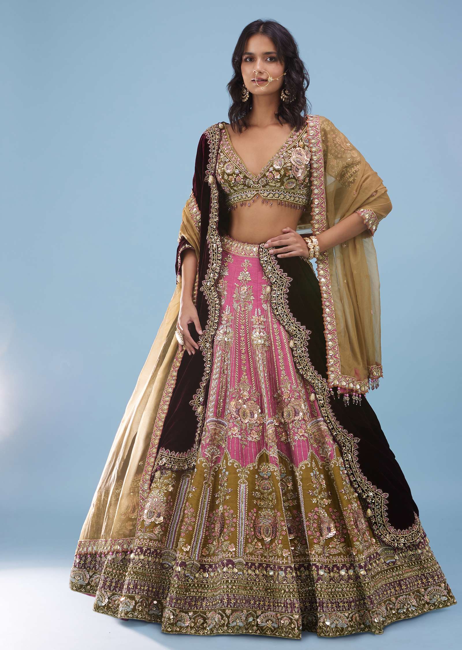 Rose Pink Bridal Lehenga In Raw Silk And Velvet With Heavy Embroidery - Noor 2022