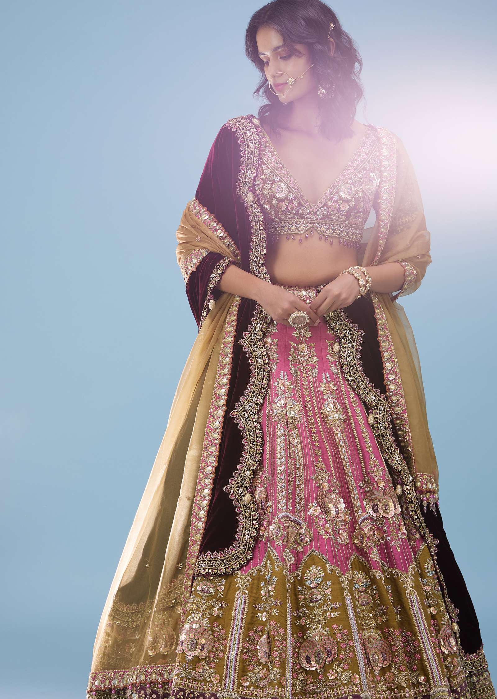Rose Pink Bridal Lehenga In Raw Silk And Velvet With Heavy Embroidery - Noor 2022