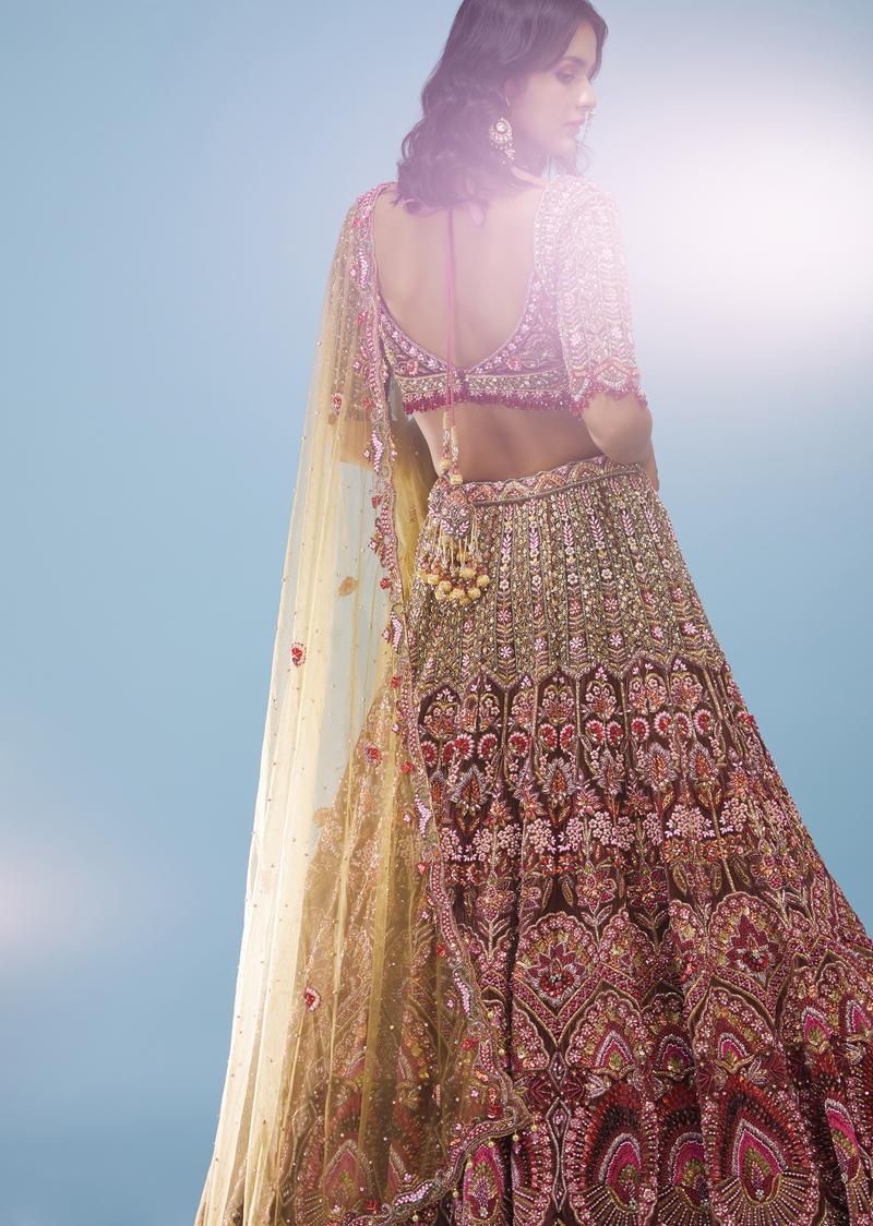 Chocolate Brown Maharani Bridal Lehenga Fabricated In Velvet With Heavy Floral Embroidery - Noor 2022