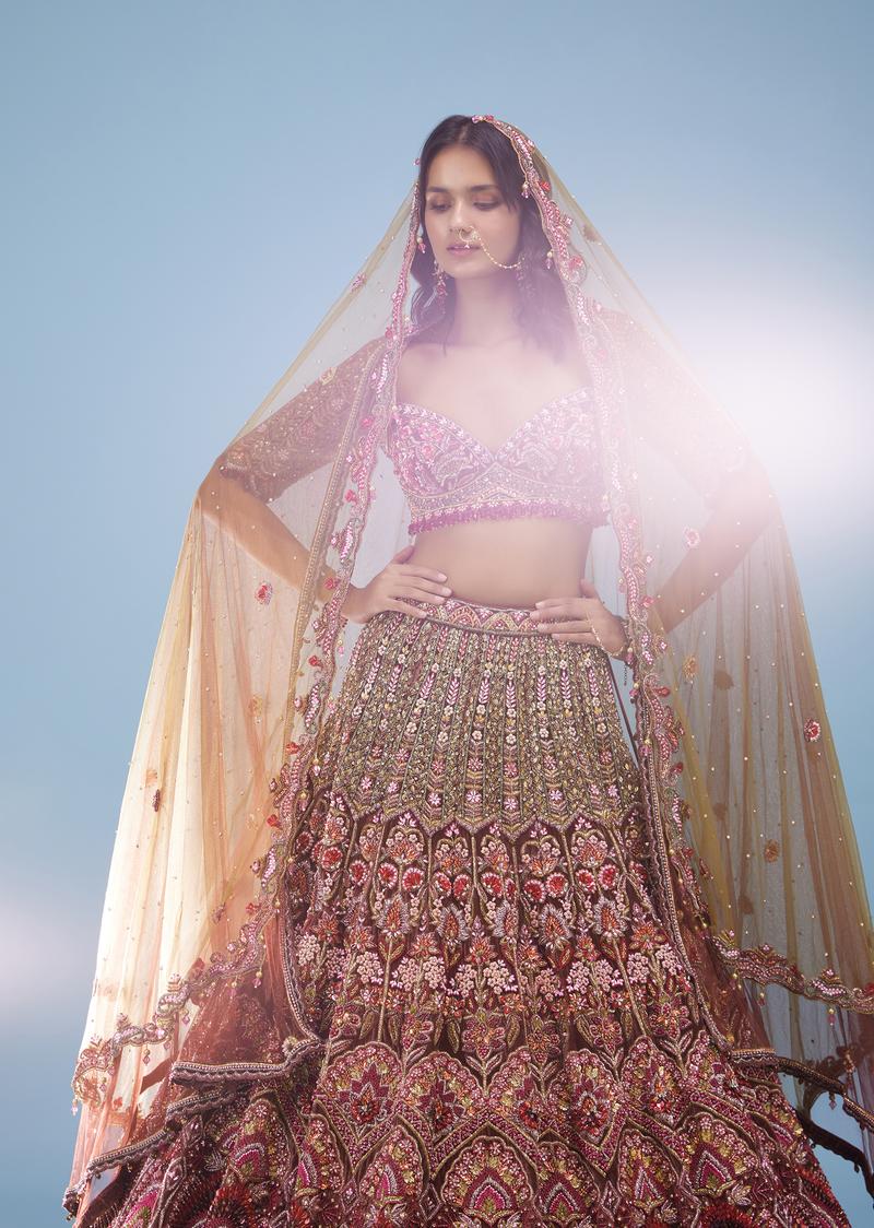 Chocolate Brown Maharani Bridal Lehenga Fabricated In Velvet With Heavy Floral Embroidery - Noor 2022