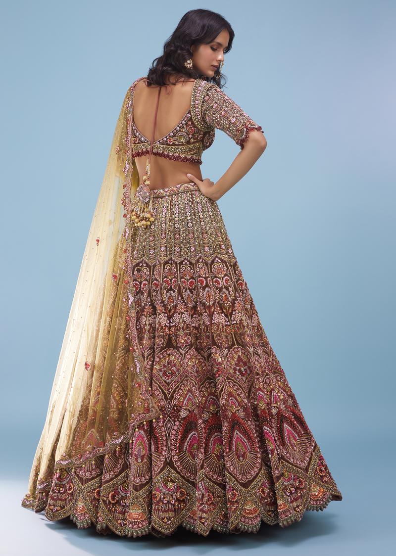 Chocolate Brown Maharani Bridal Lehenga Fabricated In Velvet With Heavy Floral Embroidery - Noor 2022