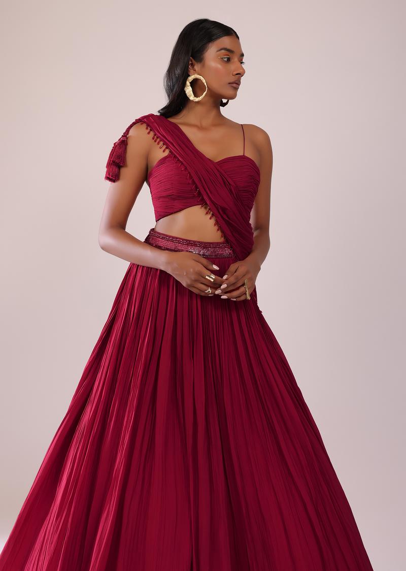 Maroon Red Chiffon Lehenga Blouse Set With One Side Shoulder Drape