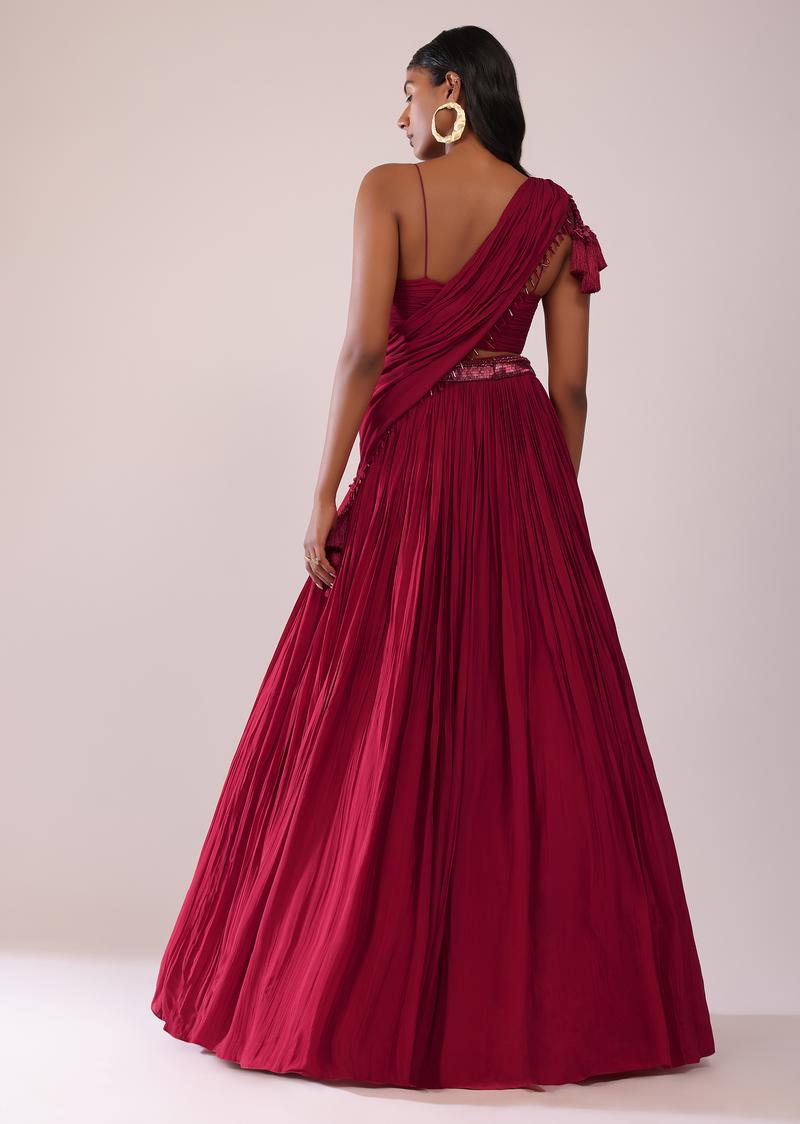 Maroon Red Chiffon Lehenga Blouse Set With One Side Shoulder Drape
