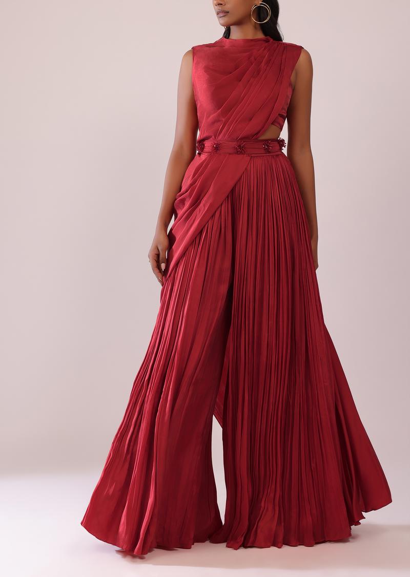 Maroon Red Satin Rushing Palazzo And Bustier Set With Draped Cape