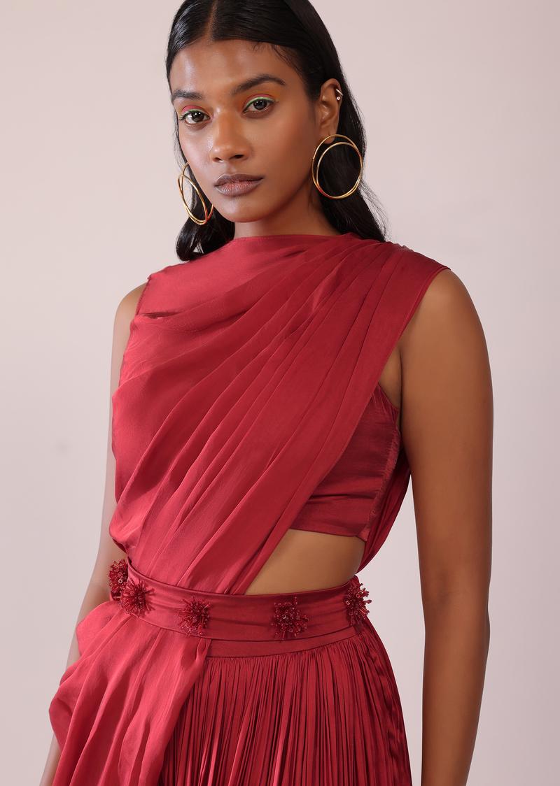Maroon Red Satin Rushing Palazzo And Bustier Set With Draped Cape