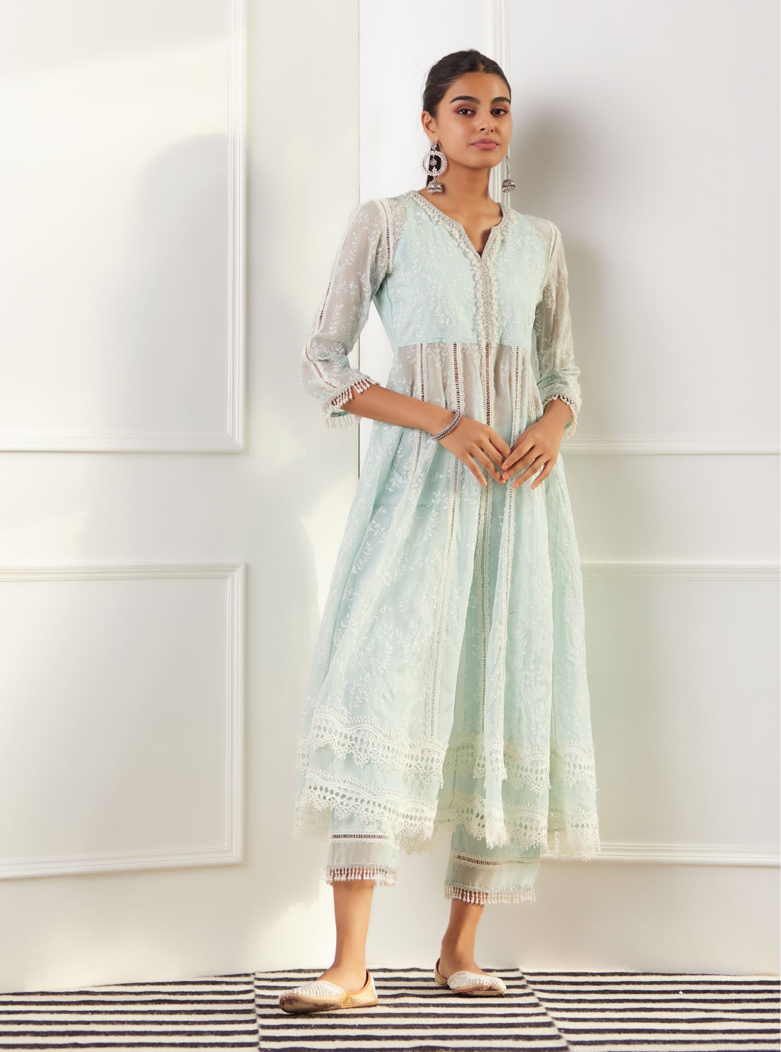 Mulmul Organza Twyla Light Blue Kurta With Mulmul Cotton Twyla Light Blue Pant