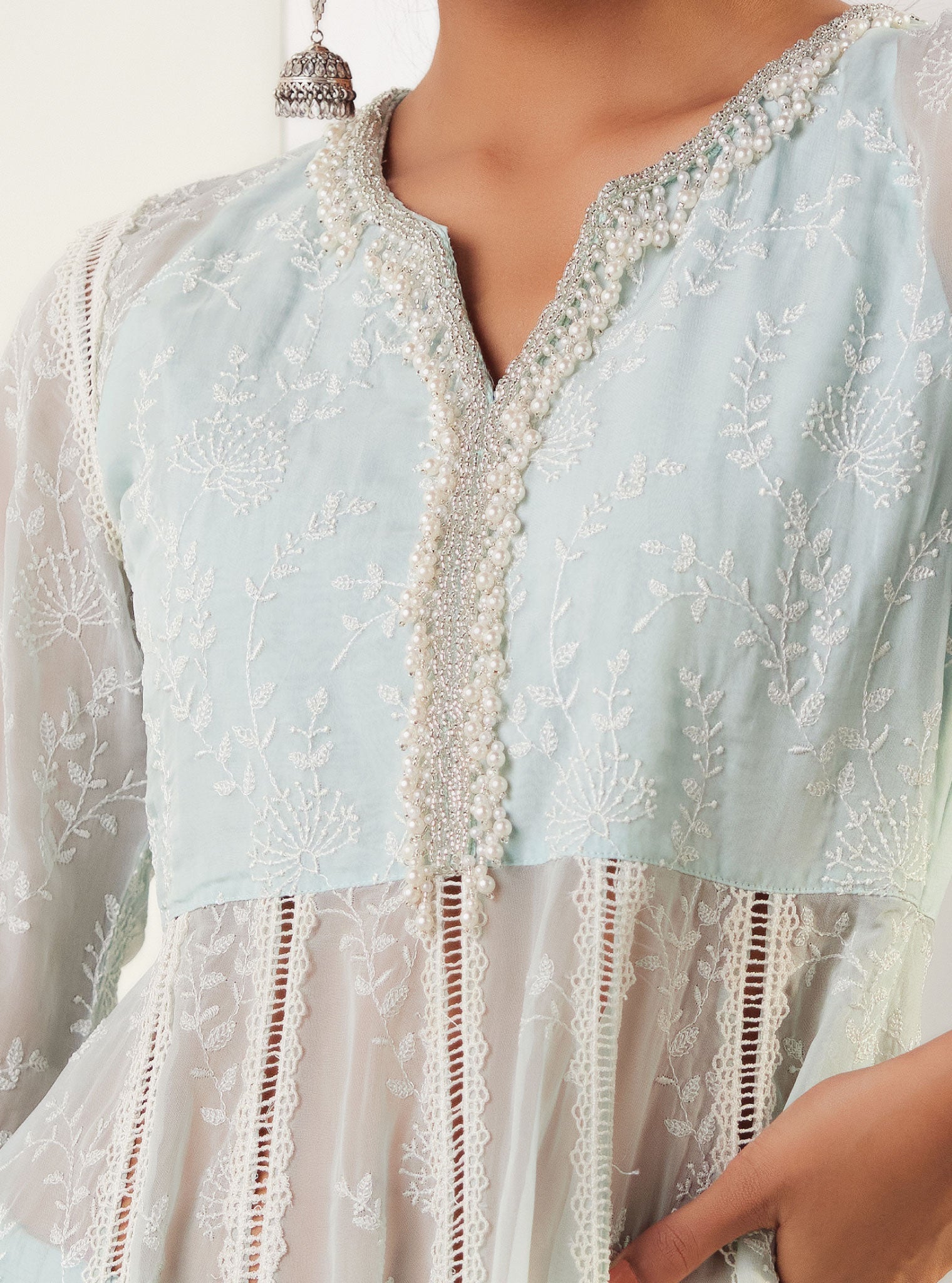 Mulmul Organza Twyla Light Blue Kurta With Mulmul Cotton Twyla Light Blue Pant