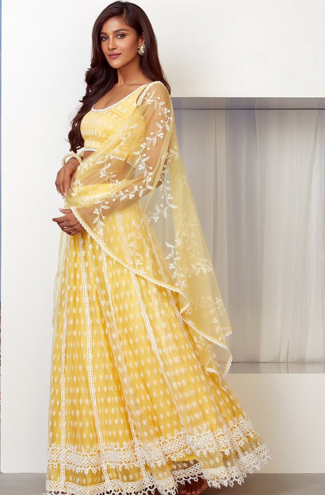 Mulmul Vista Net Yellow Lehenga