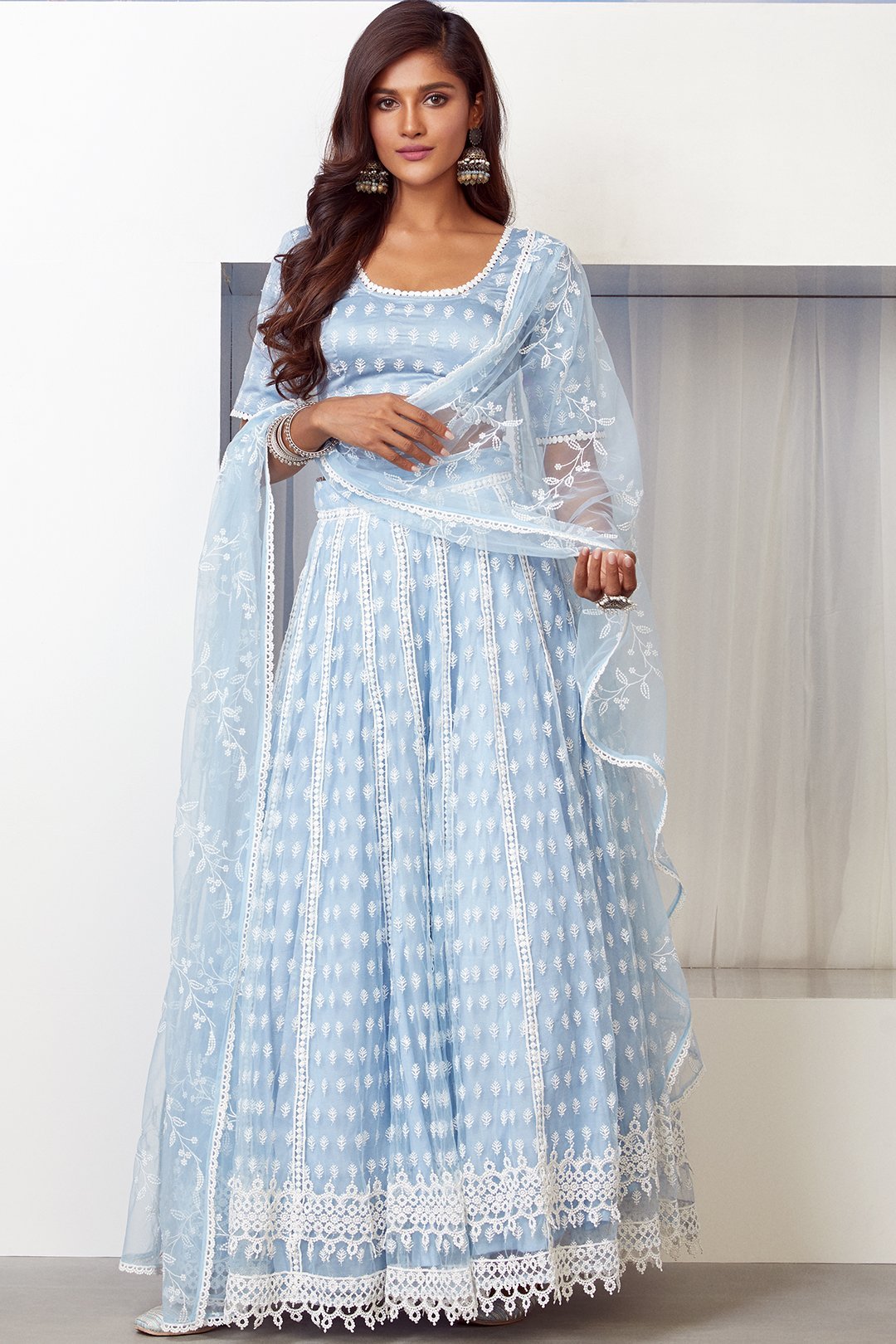 Mulmul Vista Net Light Blue Lehenga