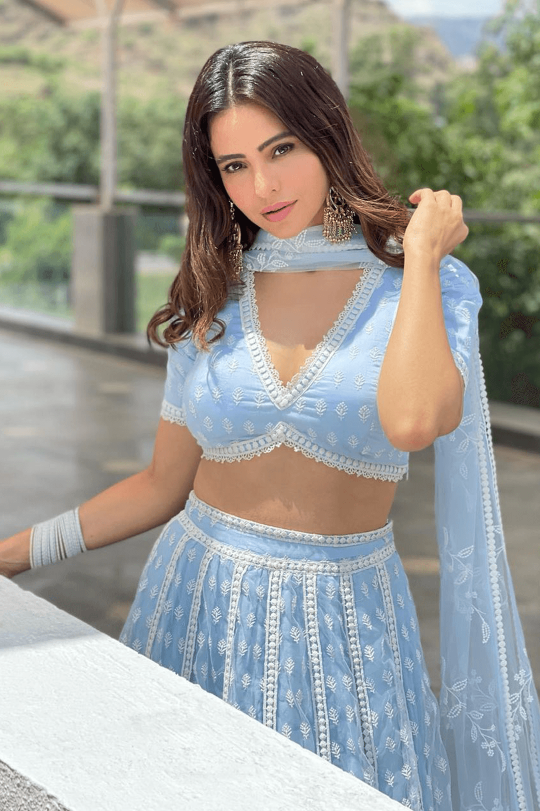 Mulmul Vista Net Light Blue Lehenga